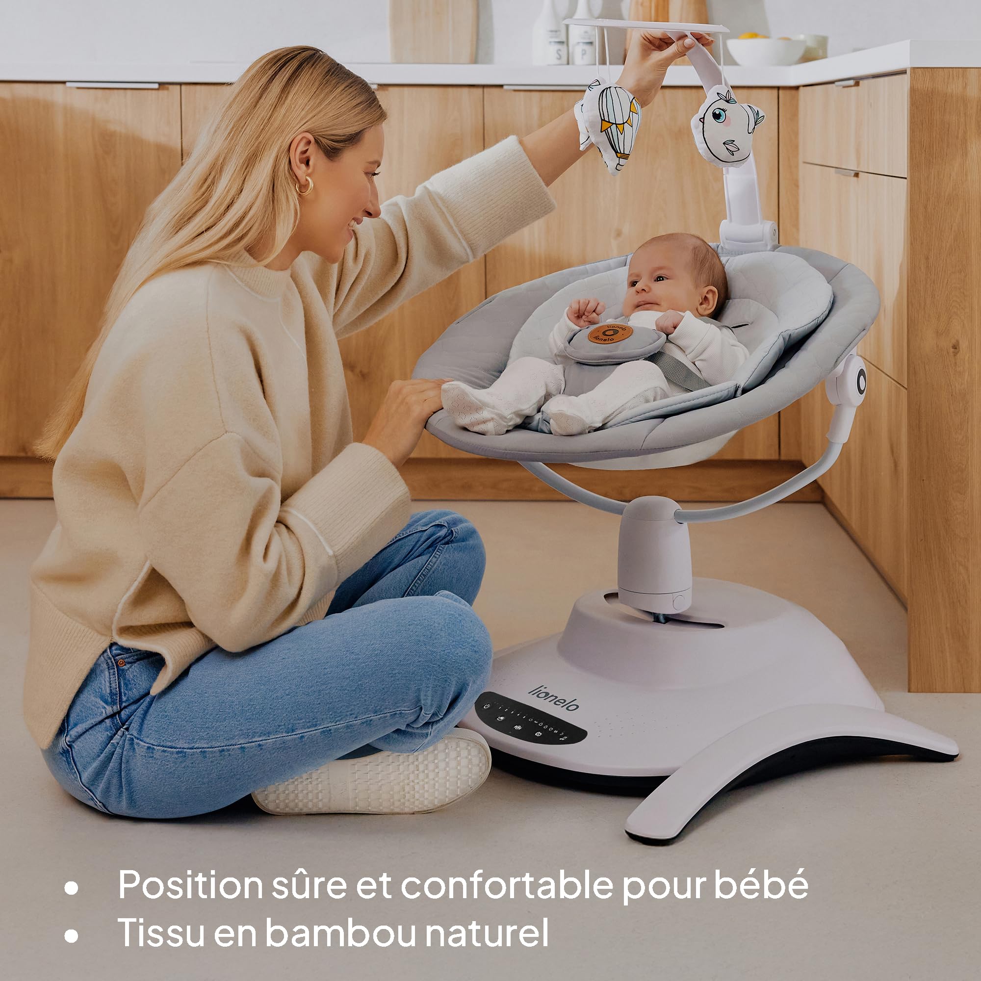 LIONELO Bella Set 2 en 1 Transat électrique nacelle 360° bébés 9 kg dossier inclinable 5 vitesses balancement ceinture sécurité antidérapante