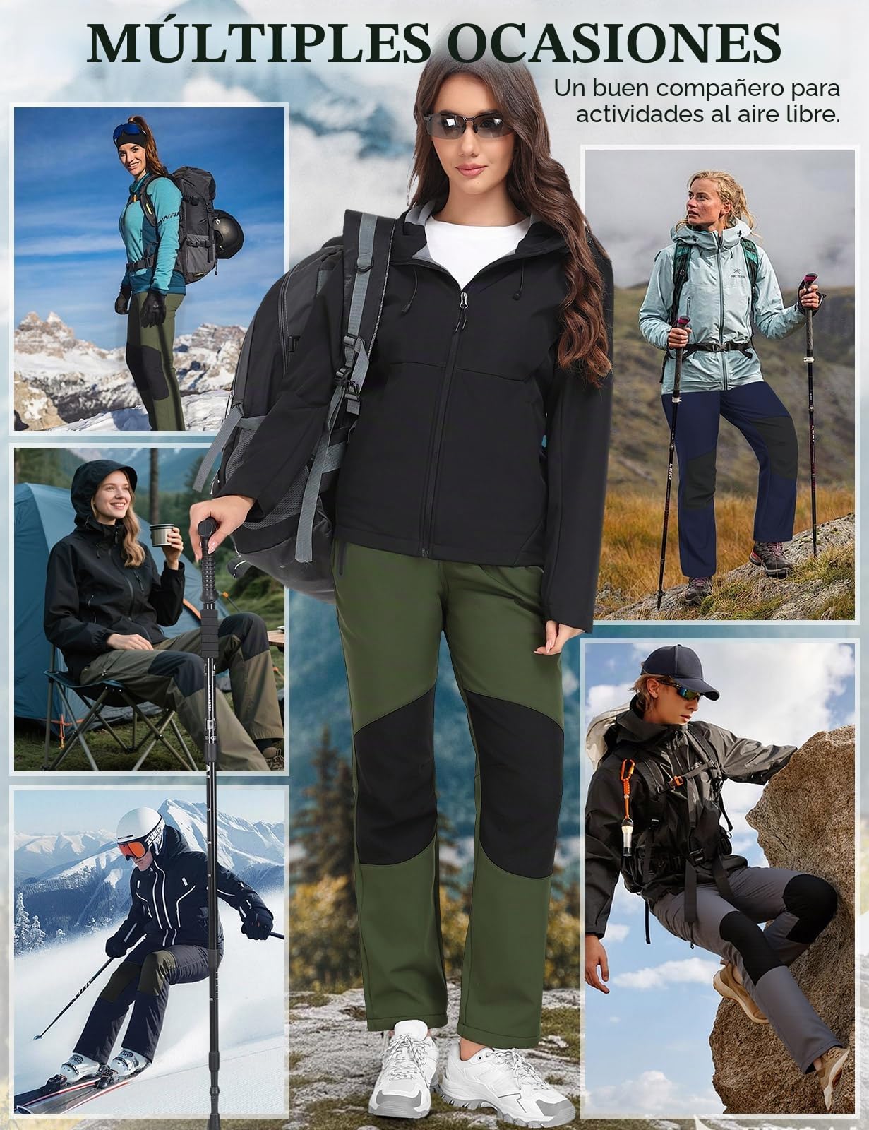 Pantalones Trekking Mujer Invierno Impermeables Pantalones Termicos Cintura Elástica con Forro Polar Softshell Pantalones Montaña Esqui Senderismo Trabajo