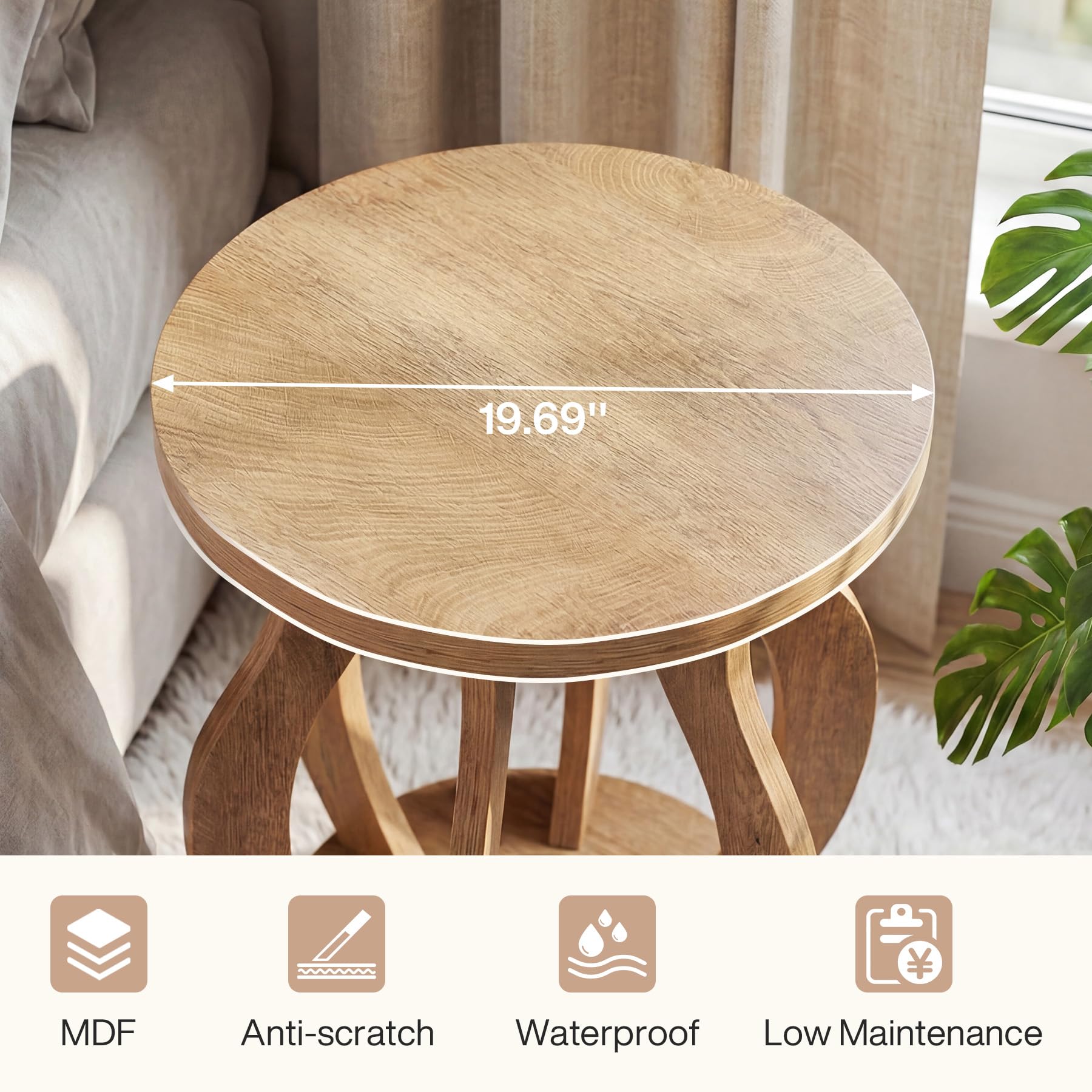 Tribesigns Round End Side Table: Farmhouse Wooden Side Table for Living Room, Bedside Nightstand with Curved Frame, Accent Nightstand for Bedroom, Small Spaces, Brown(1PC)