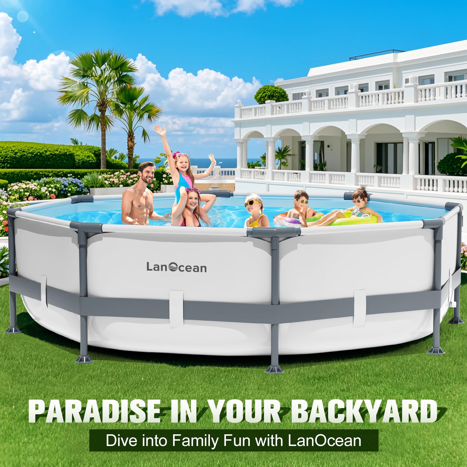 LanOcean Frame Pool 300x300x76cm Stahlrahmen Pool Garten Pannensicheres Material Family Pools Aufstellpools Schwimmbecken Rund