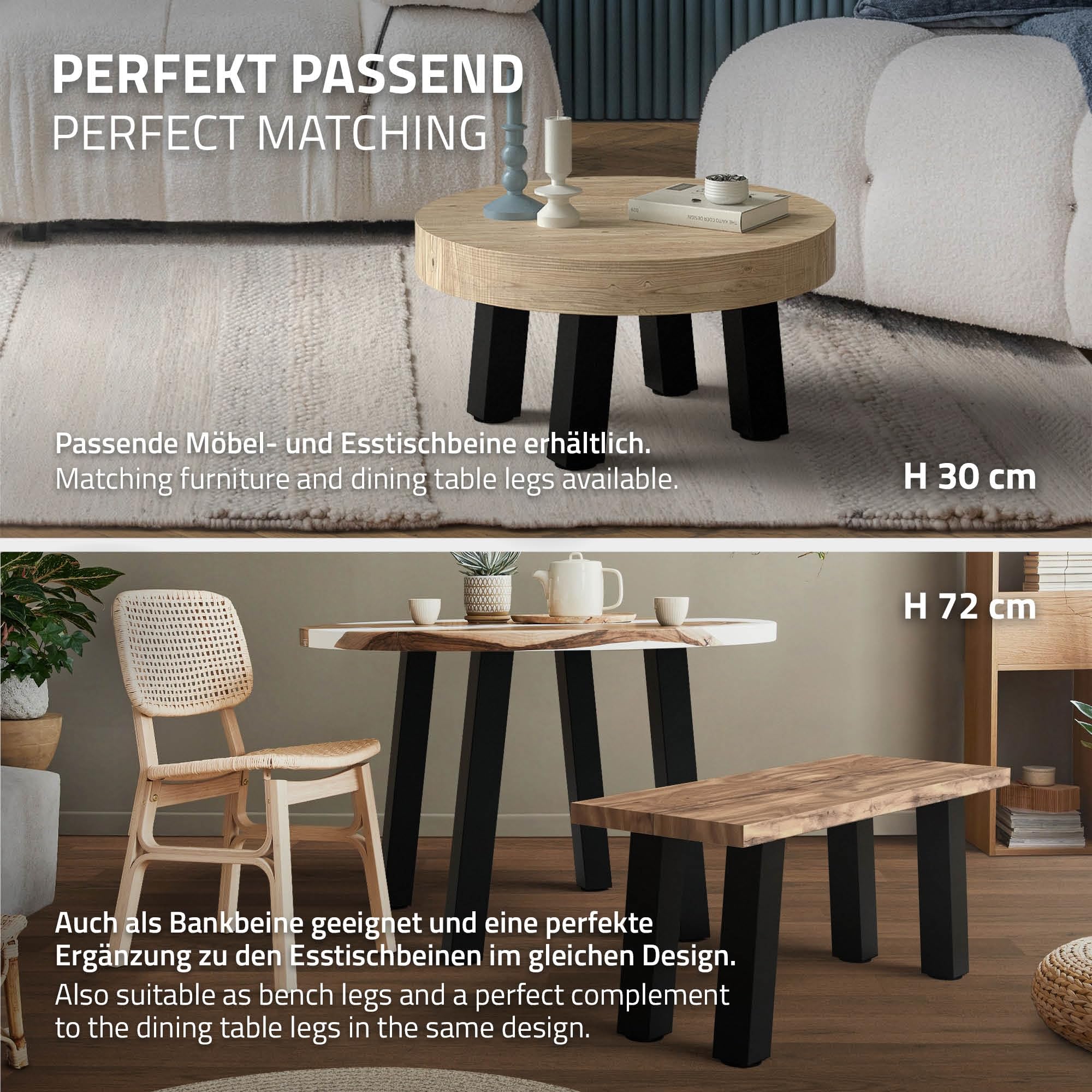 ML-Design Set di 4 Gambe per Tavolo Inclinate A: 42 cm Nero Lucido in Acciaio Verniciato a Polvere Forma a I Profilo 8x8 cm con Inclinazione di 96° Piedini in Metallo per Panchine Tavolini