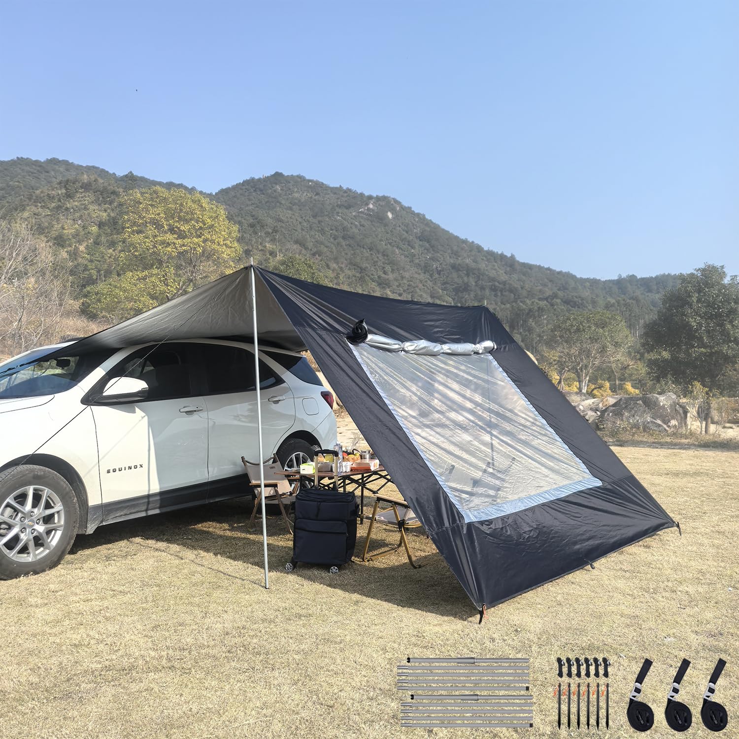2.9x4.8m Universel Auvent de Voiture Fourgon Léger Facile à Monter Auvent Tarp Résistant à l'eau et au Soleil Store Camping Car (Noir, 3x5m)
