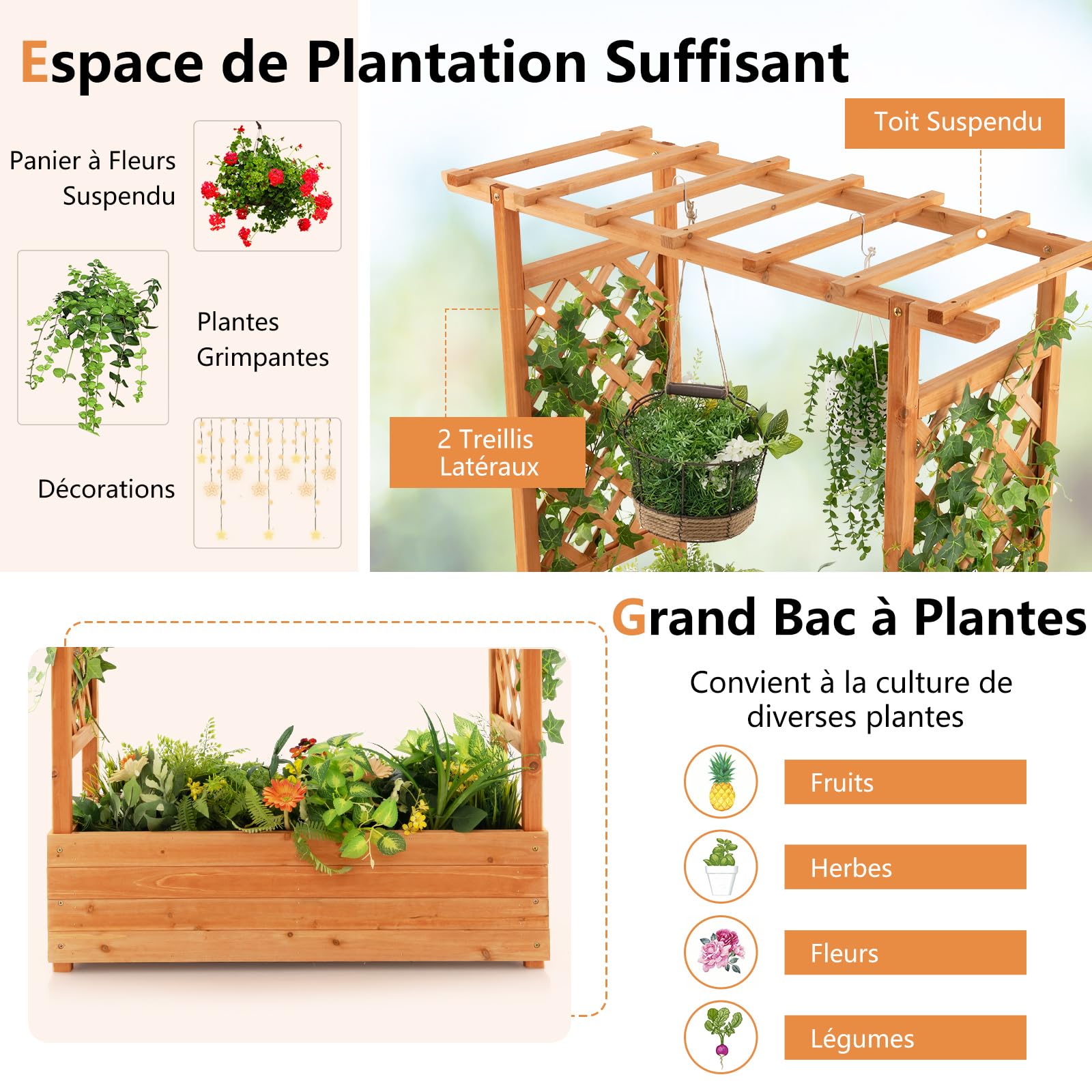 RELAX4LIFE Jardinière Surélevée avec Treillis Latéral & Supérieur, Jardinière sur Pied avec Treillis&Trous de Drainage, Conteneur de Plantes Vertical pour Plantes Grimpantes Légumes Fleurs Herbes