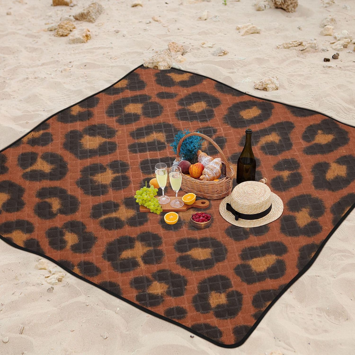 Yuiboo Glam Rock Leopard Waterproof Picnic Table Large Lawn Outside Blankets for Grass for Women 30s Couples Gift tapete para Picnic parque