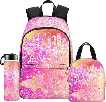 Generic Personalized Backpacks with Lunch Bag for Girls, Custom Black Girl Bookbag with Name Customized Backpacks for Kids, Back to School Gifts for Daughter, Medium