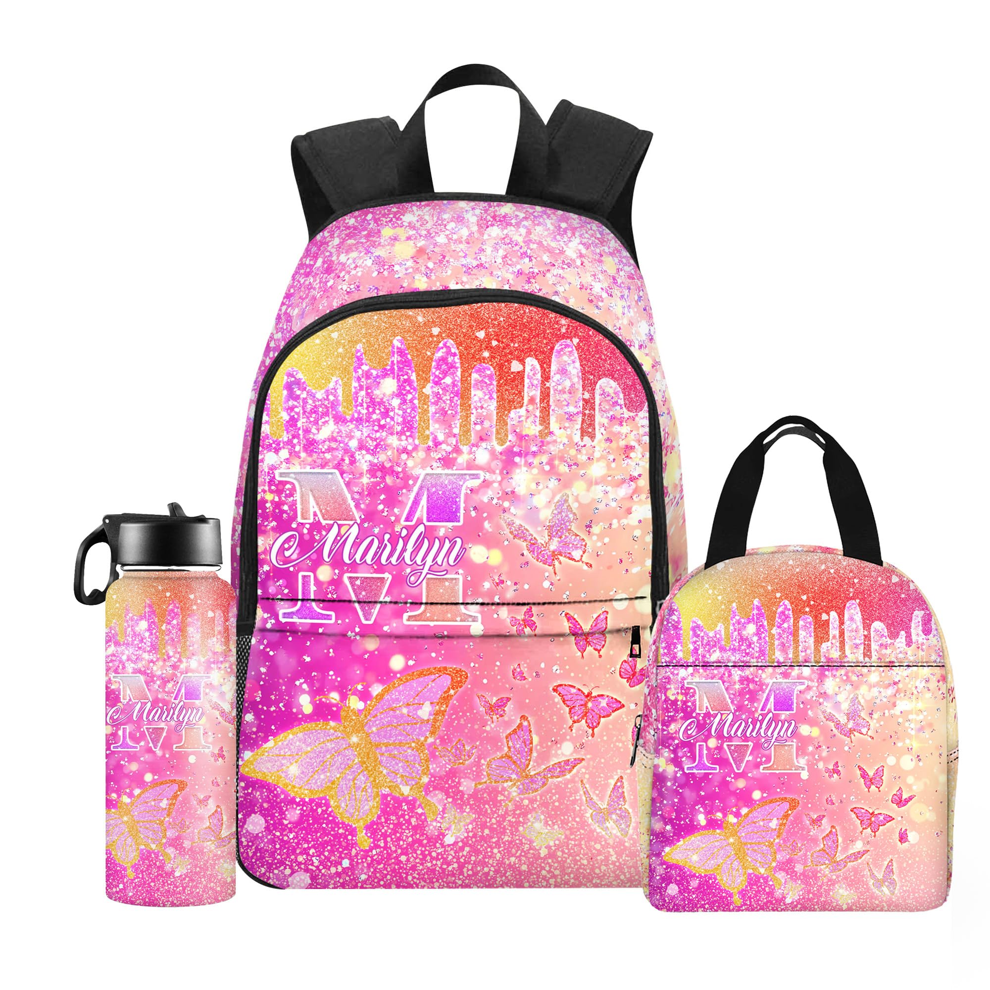 Generic Personalized Backpacks with Lunch Bag for Girls, Custom Black Girl Bookbag with Name Customized Backpacks for Kids, Back to School Gifts for
