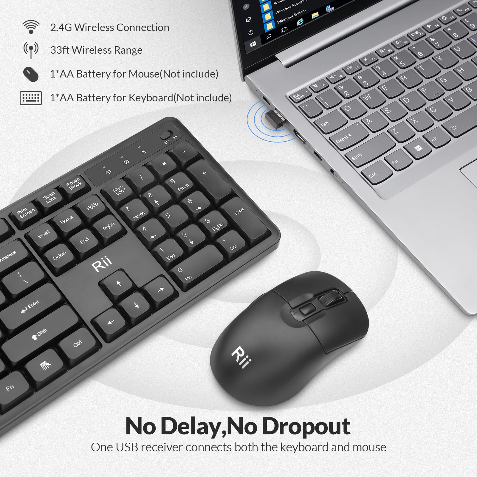 Wireless Keyboard and Mouse,Rii RK209 2.4G Full-Sized Quiet Wireless Ergonomic Keyboard,Quiet Typing and Clicking,Adjustable 5000 DPI Mouse for PC, for Windows,Mac