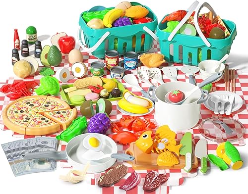 JokerKing Juego de cocina de 150 piezas, accesorios de cocina para niños pequeños, alimentos, manta de picnic, frutas, verduras, paquete de 2 cestas