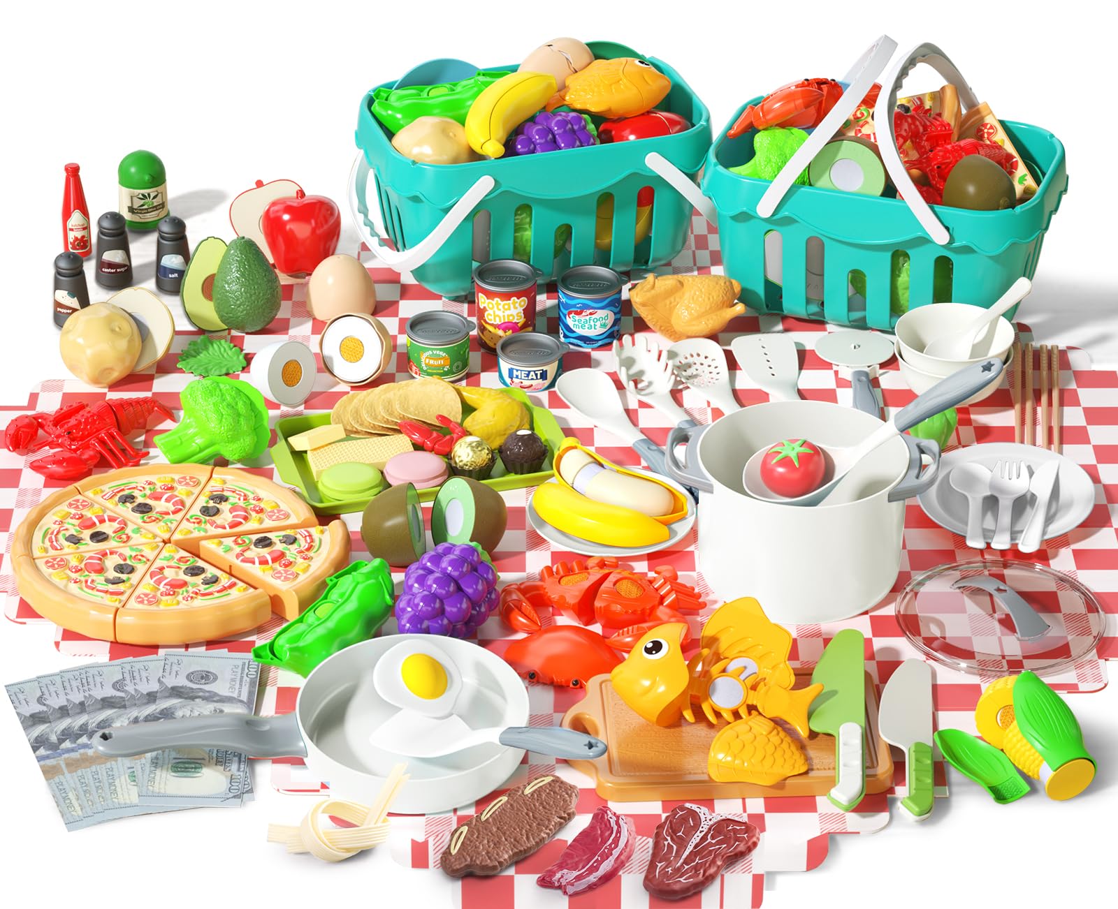 150Pcs Kitchen Playset, Toddlers Pretend Cooking Cookware Accessories, Food, Picnic Blanket, Fruits, Veges, 2Pack Shopping Storage Basket, Dessert and