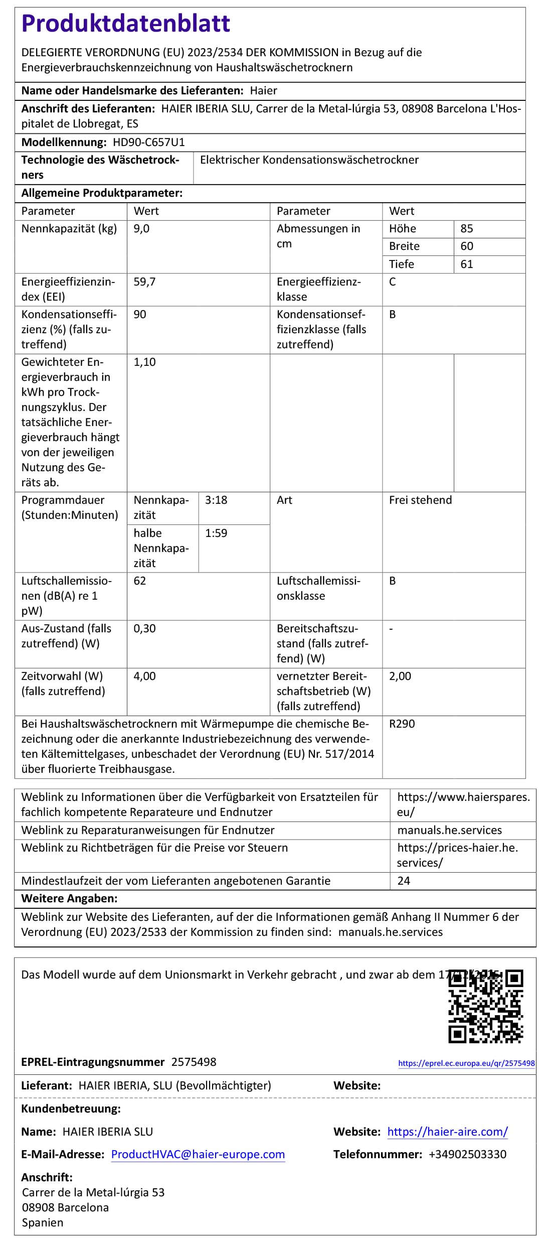 Haier Wärmepumpentrockner 9kg G5 Serie Klasse C AI Power Inverter Motor HD90-C657U1