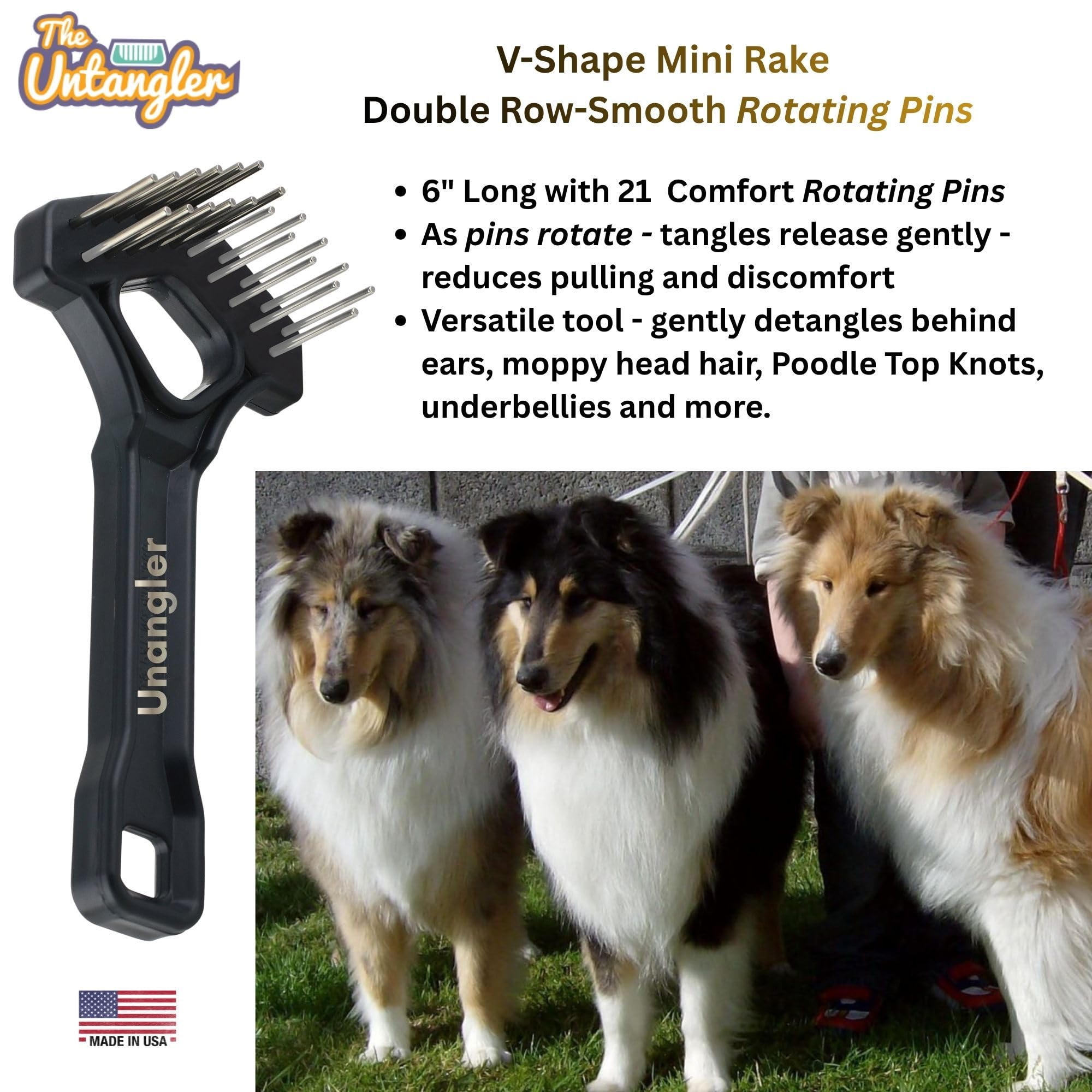 Mini-râteau en forme de V double rangée de dents rotatives de 2,5 cm pour démêler et toiletter les chiens (15,2 cm de long)