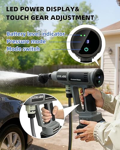 Miniatura 5 de Lavadora a presión inalámbrica de 1080 PSI con 2 baterías de 3.0 Ah, lavadora eléctrica portátil con boquilla 6 en 1, cañón de espuma, manguera,