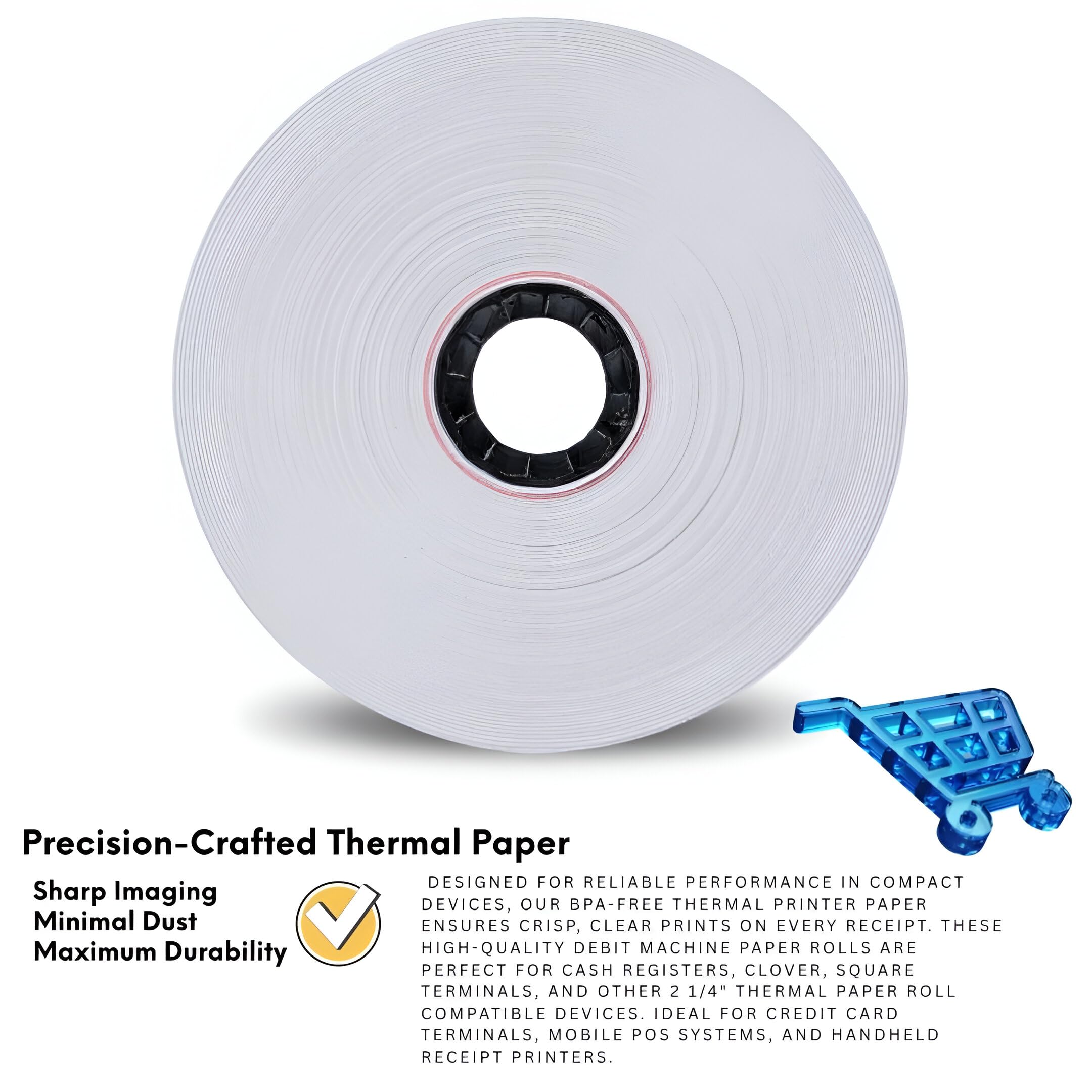 Rollos de papel térmico de 2 1/4 pulgadas x 50 pies, sin BPA, se adapta a todos los terminales de tarjetas de crédito de 57 mm, mini rollo de papel de impresora térmica de recibos de 2 1/4 pulgadas x
