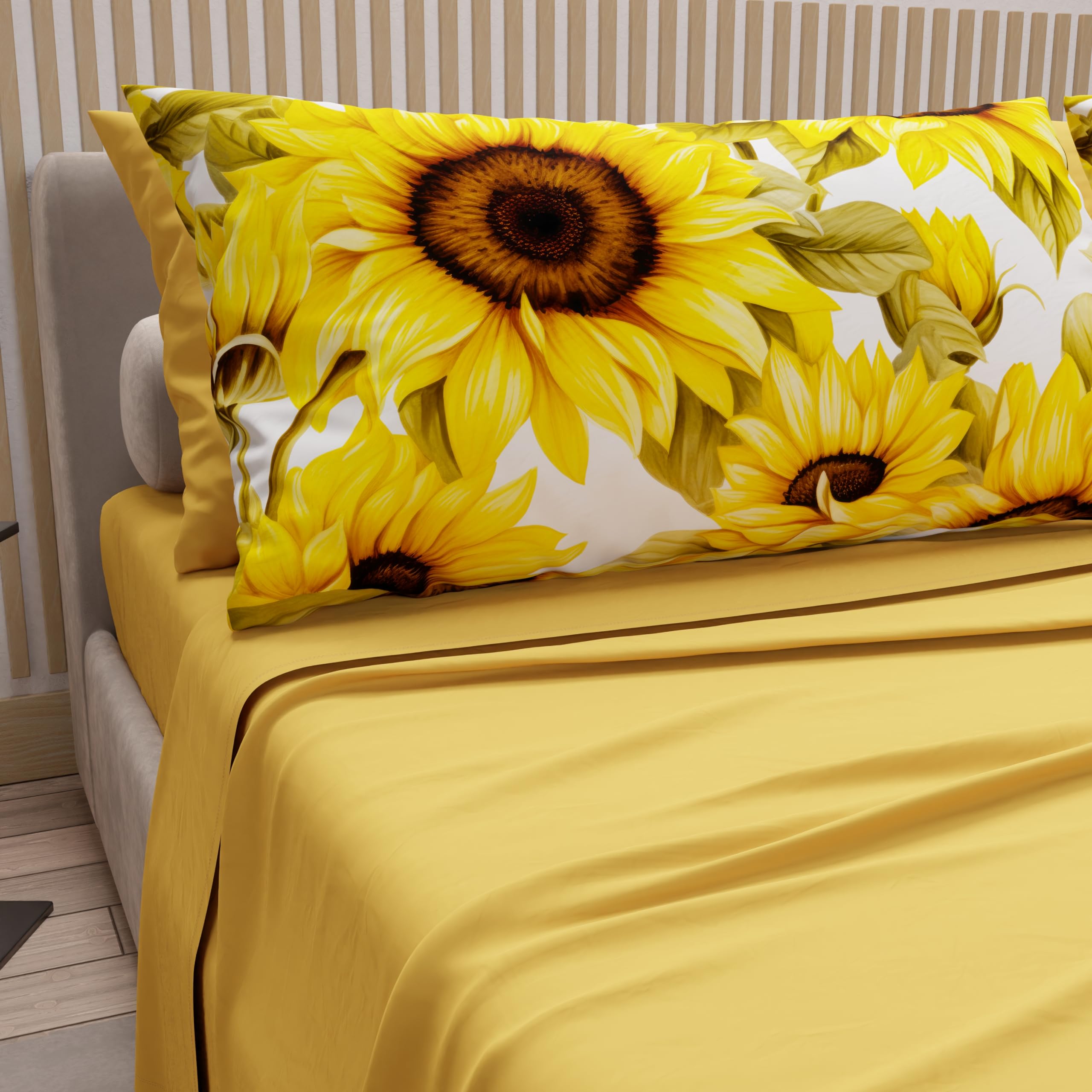 PETTI Artigiani Italiani - Cotton Sheets with Pillowcases in Digital Print, Double Bed Sheet, Sunflower, 100% Made in Italy