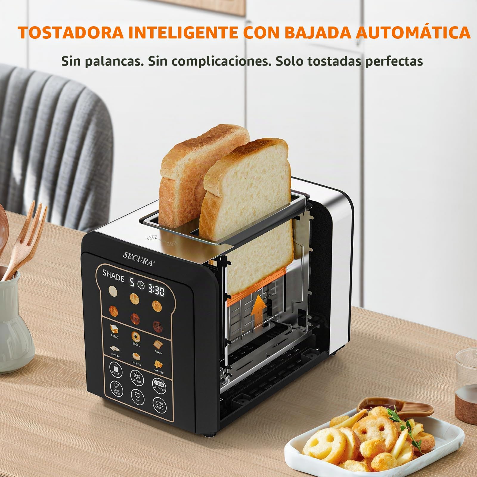 Secura tostador inteligente de 2 rebanadas con visualización táctil de elevación y bajada automática, cuenta regresiva digital, ranuras anchas para tostar paneles, panes, gofres y más 6 niveles de