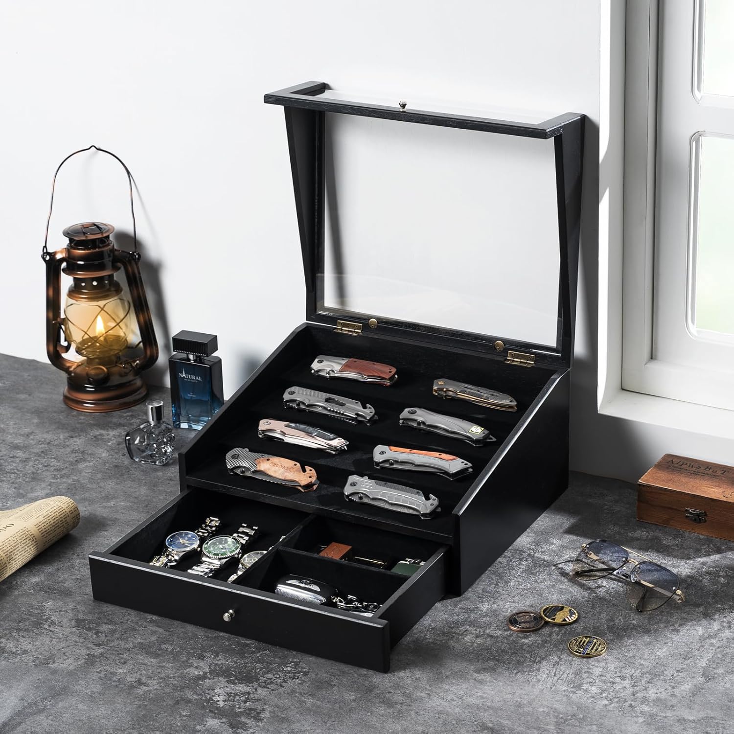 Emfogo Pocket Knife Display Case for 18-26 Folding Knives, Knife Collection Case with Transparent Lid & Large Storage Drawer, Solid Wood Knife Organizer Storage Box Gift for Men (Black)