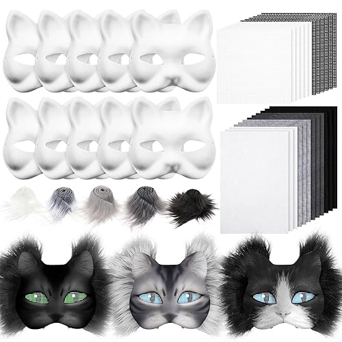 Seenelling DIY Therian Mask Kit Blank Cat Mask with Felt Fabric Sheet Plush Faux Fur Eye Mesh for Therian Gear Stuff