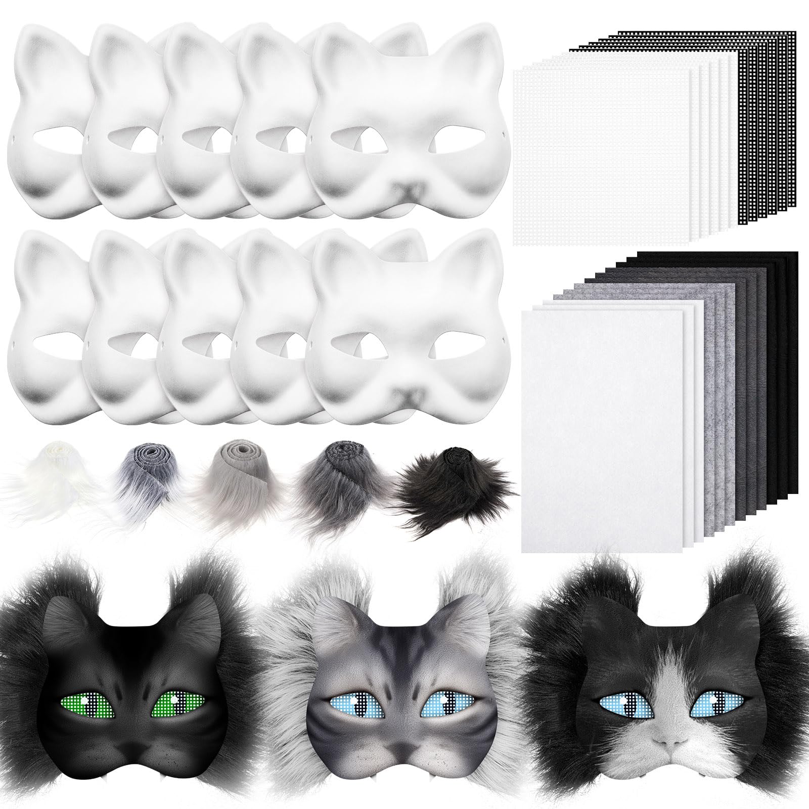 Seenelling 33 Pcs DIY Therian Mask Kit Blank Cat Mask with Felt Fabric Sheet Plush Faux Fur Eye Mesh for Therian Gear Stuff (Black Series)