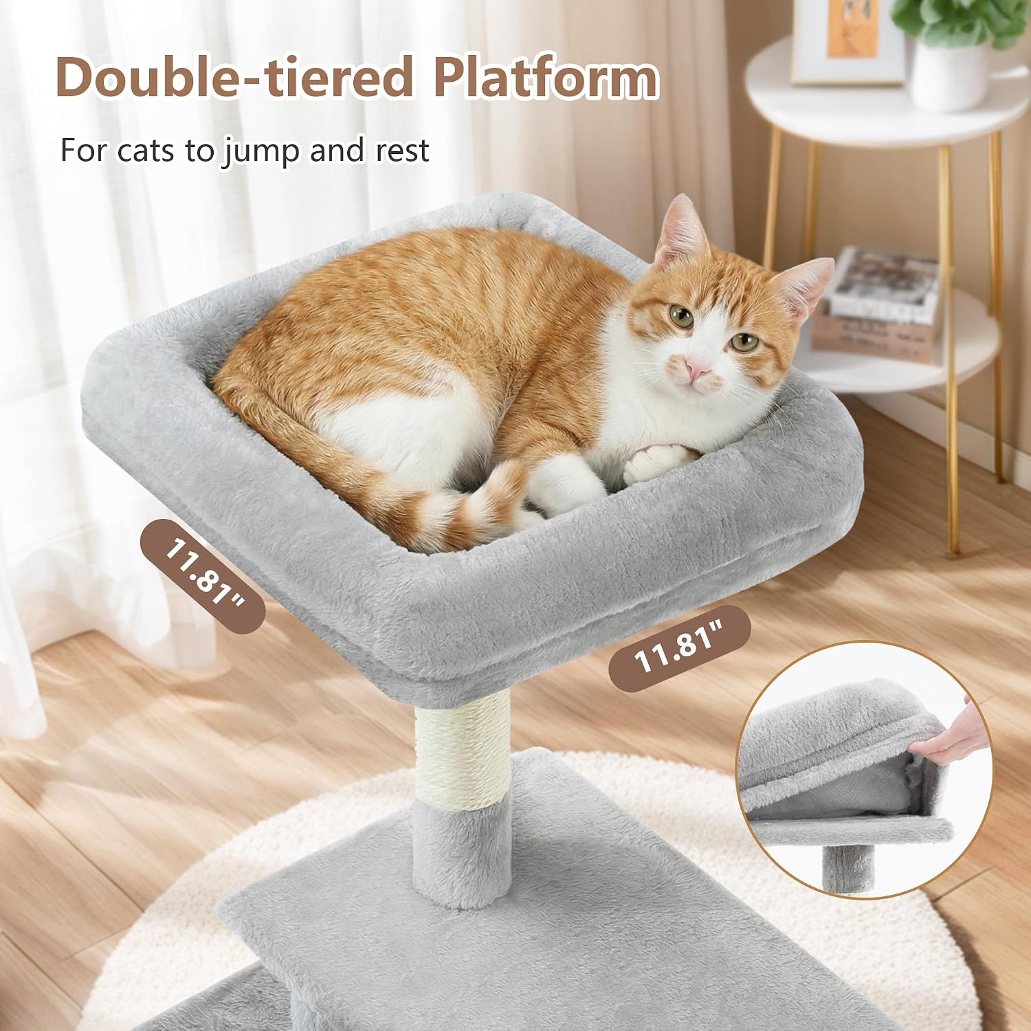 A cat using the scratching board and posts on the Gitelsnour cat tree, demonstrating the sisal material.
