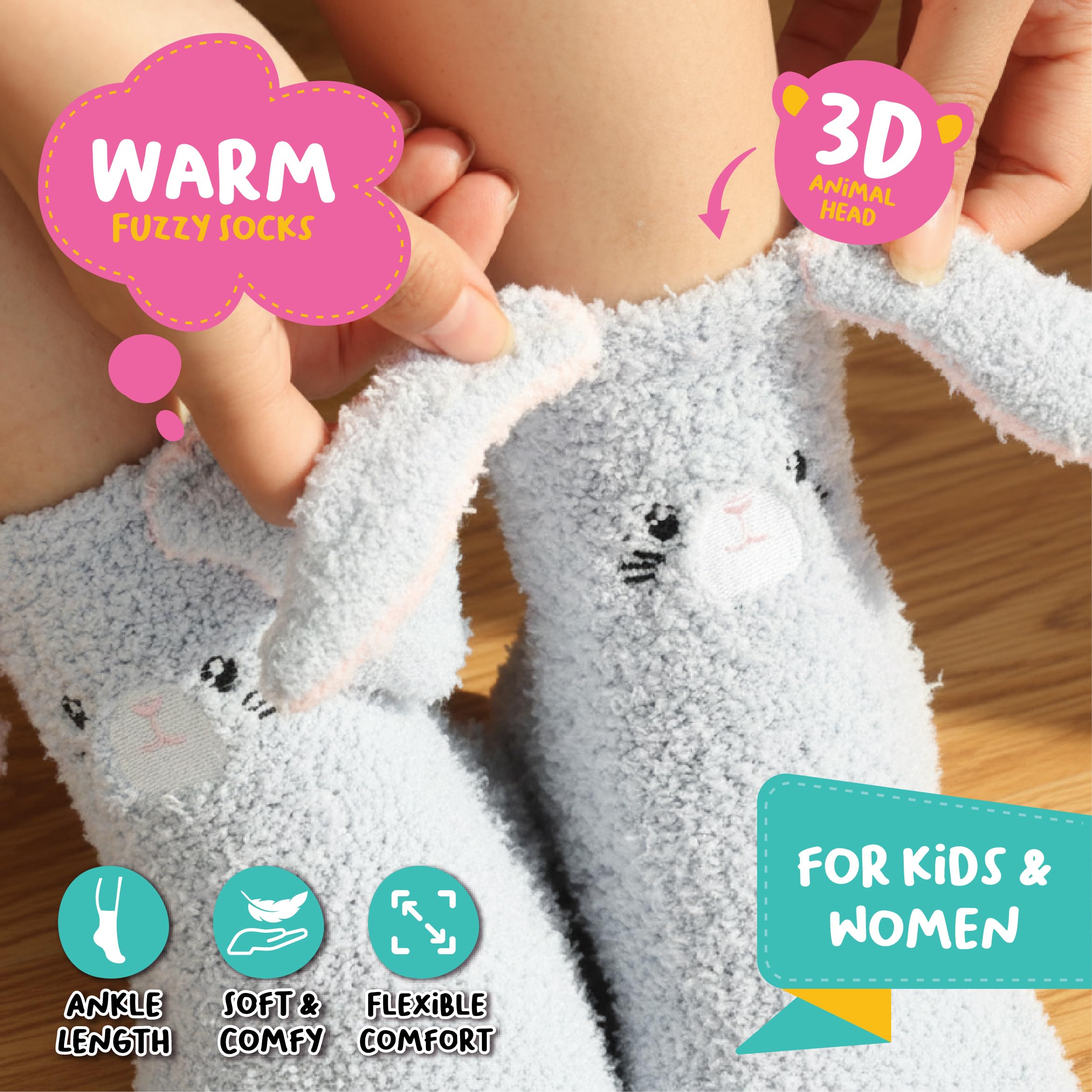 POPCRAZE - Cute Fuzzy Socks Women Bunny 3D Animal Character - Fluffy Cozy Sleep Slipper Socks Winter Warm Gift Size 5-9: Gray