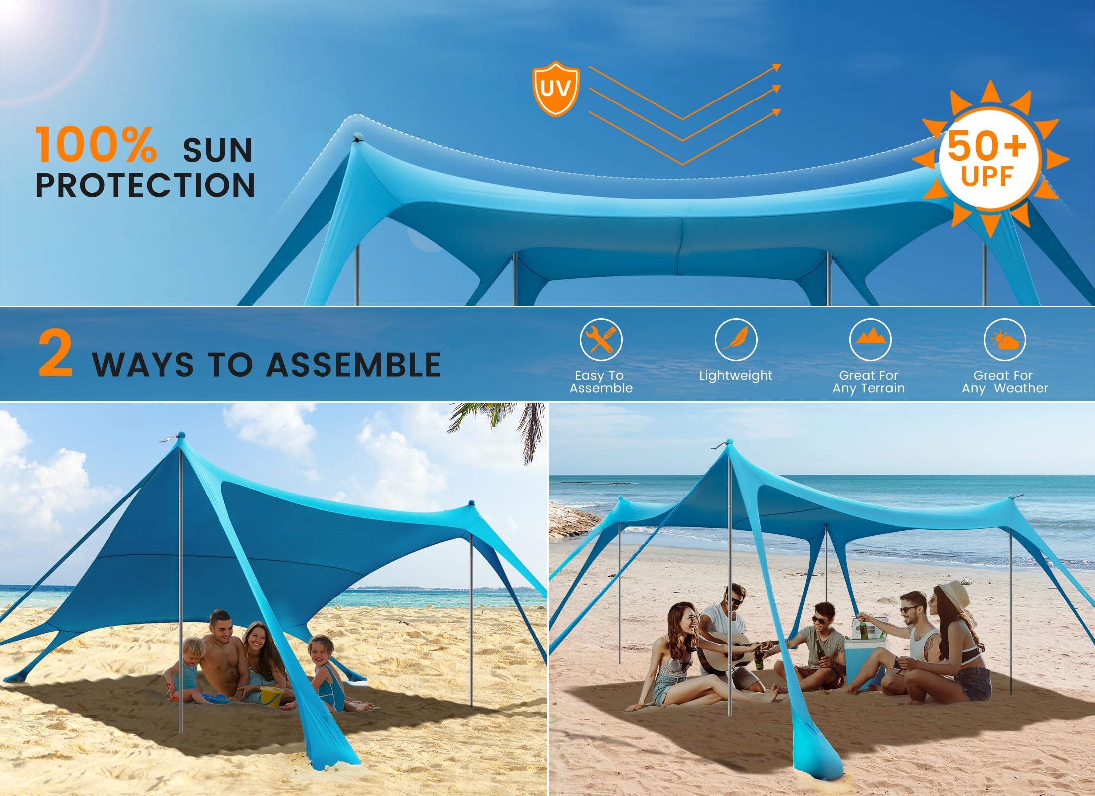 Tenda da Spiaggia Portatile Tents, Grande Tenda Mare Spiaggia UPF50+ Tenda Della Spiaggia di con 4 Pali, Pala, Picchetti e Borsa per il Trasporto per Campeggio, Pesca, 3x 3x 2M (sky blue)