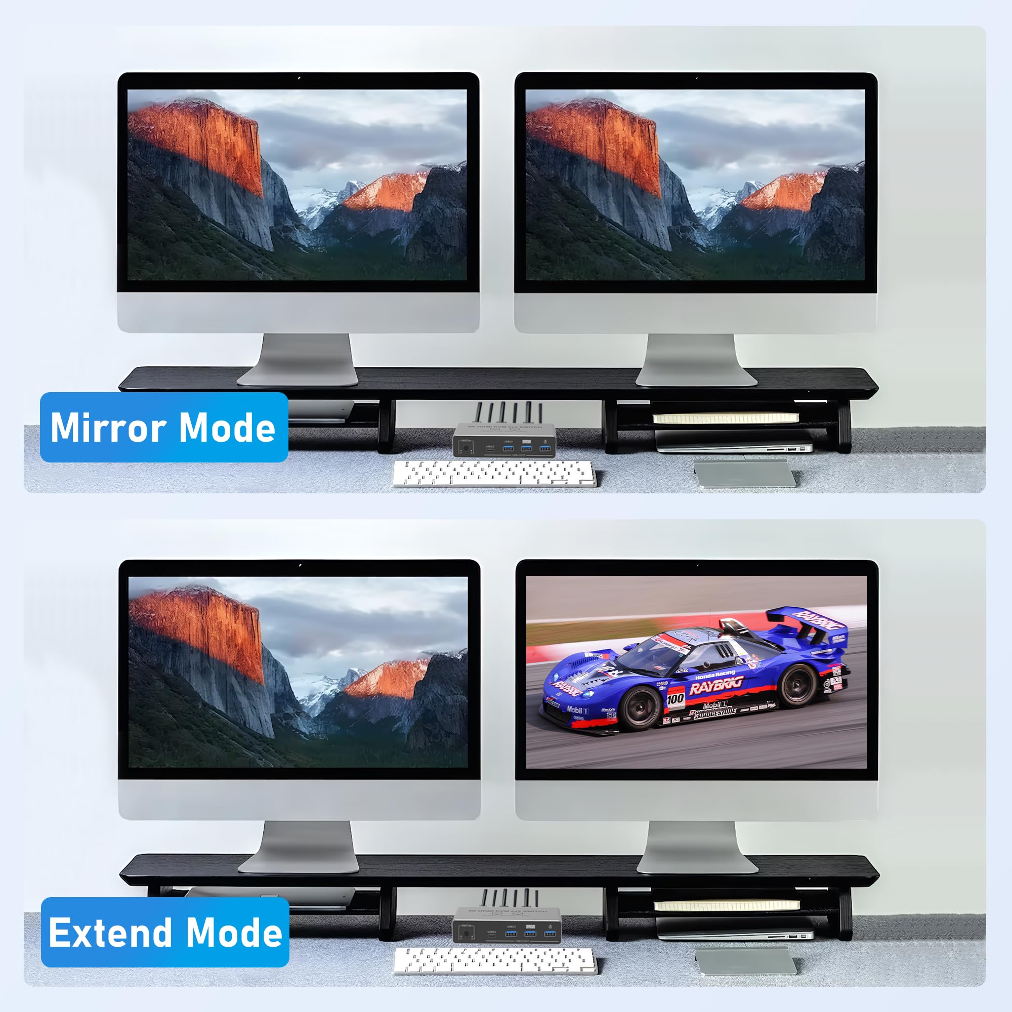 Tendak HDMI KVM Switch 2 PC 2 Monitory, Przełącznik KVM HDMI Dual Monitor 8K z USB, Przełącznik klawiatury i myszy z 4 portami USB 3.0, Obsługa 8K@60Hz 4K@120Hz, HDCP 2.3, Kompatybilny z Windows/Linux