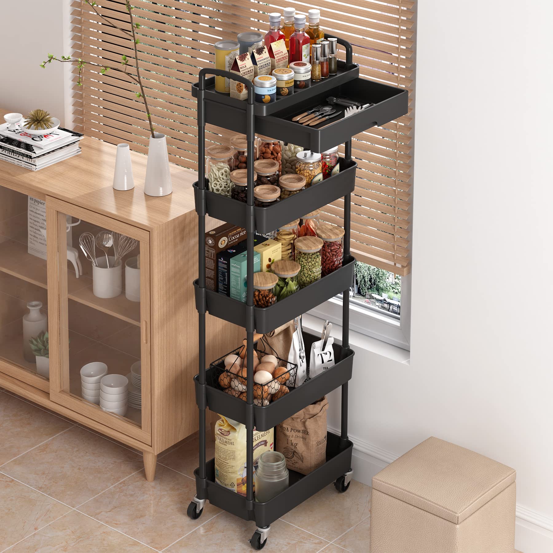 Dttwacoyh 5-Tier Rolling Utility Cart,Trolley with Drawer, Multifunctional Storage Organizer with Plastic Shelf & Metal Wheels, Storage Cart for Living Room, Kitchen, Office, Bathroom, Black