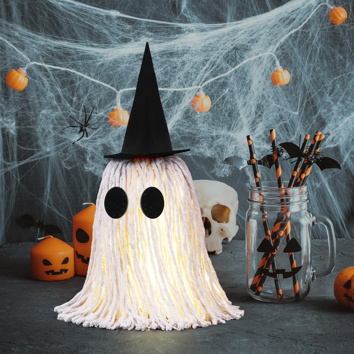 Halloween Decorations Indoor 12 Inch Light up Boho Ghost Decorations with Witch Hat Large Spooky Tabletop Decor for Halloween Table Centerpieces Mantel Windowsill Shelf Decor