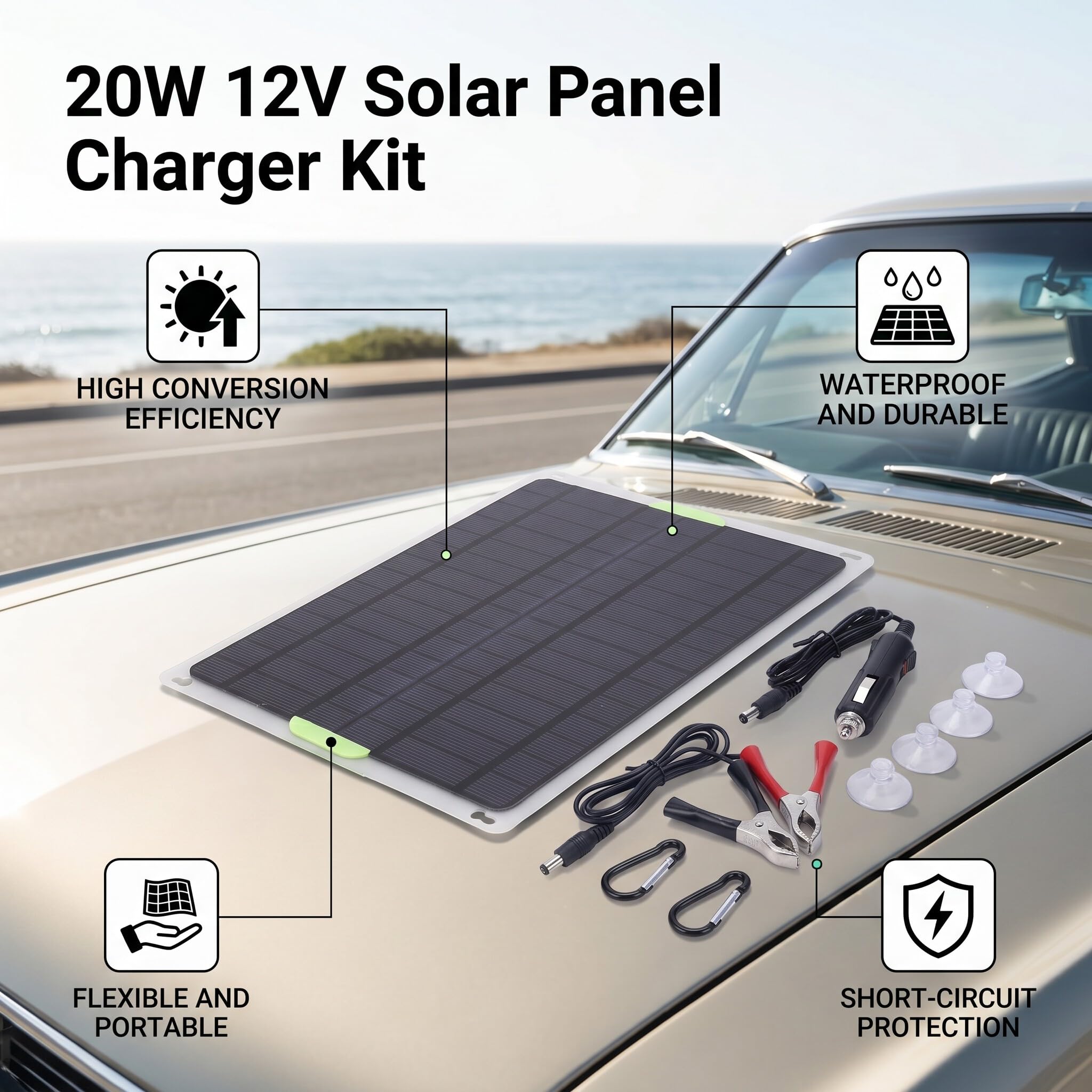 Pannello Solare 20W 12V per Auto, Barca e Aerei, Fotovoltaico con Protezione da Corto Circuito, Ricarica Batterie, 215x185x1mm, ABS, Porta USB 5V 2A