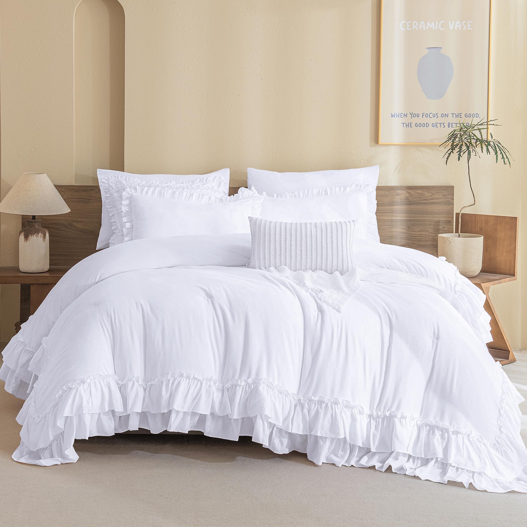 QSH White Ruffled Comforter Twin Size,3PCs Farmhouse Shabby Boho Chic White Bedding Comforter Twin Vintage Lightweight Fluffy Microfiber Bedding Set