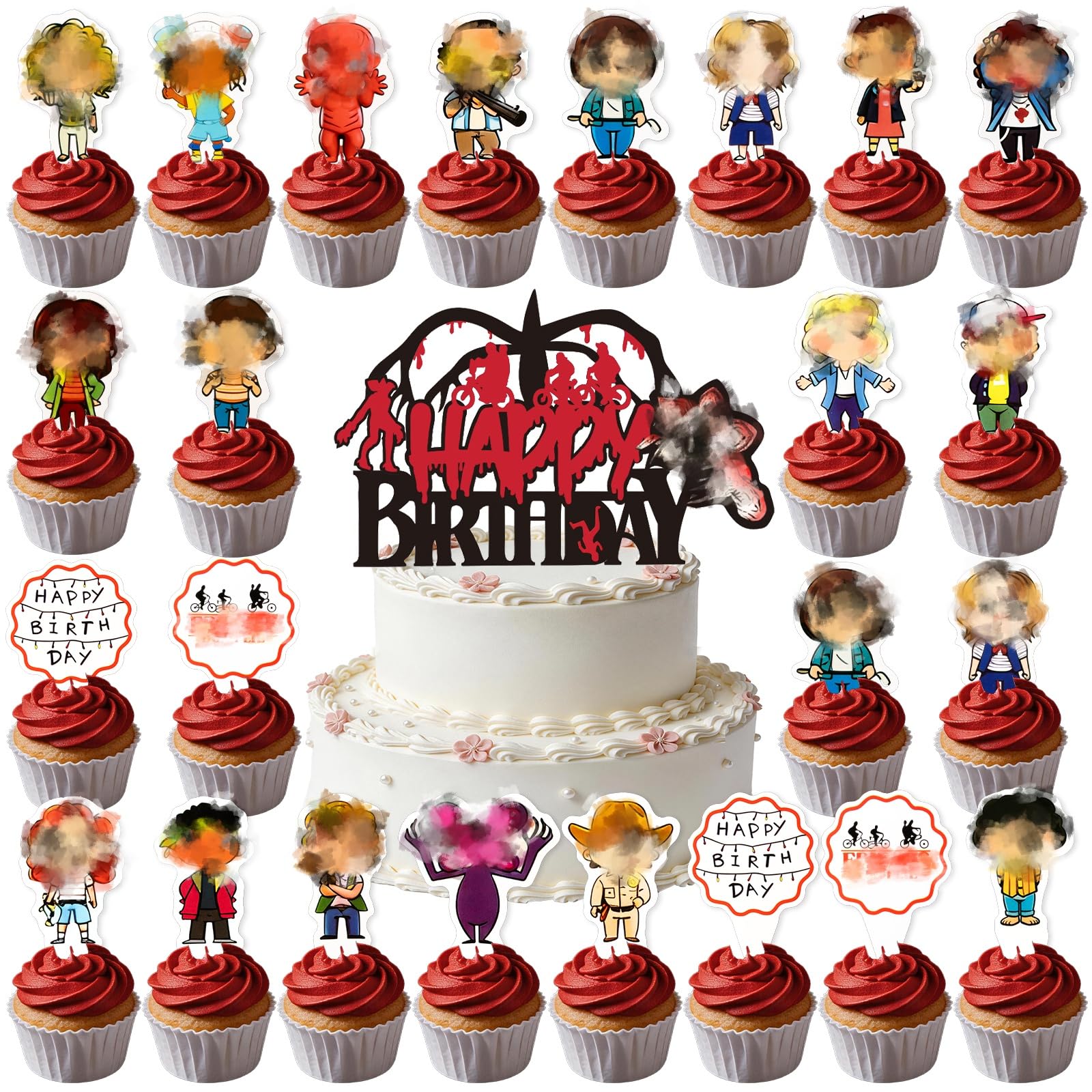 25Pcs Stranger Cake Topper, Happy Birthday Cake Toppers Decor, Stranger Inspired Party Cakes Decoration Supplies, Children's Birthday Cakes Decor for Boys and Girls Birthday Party