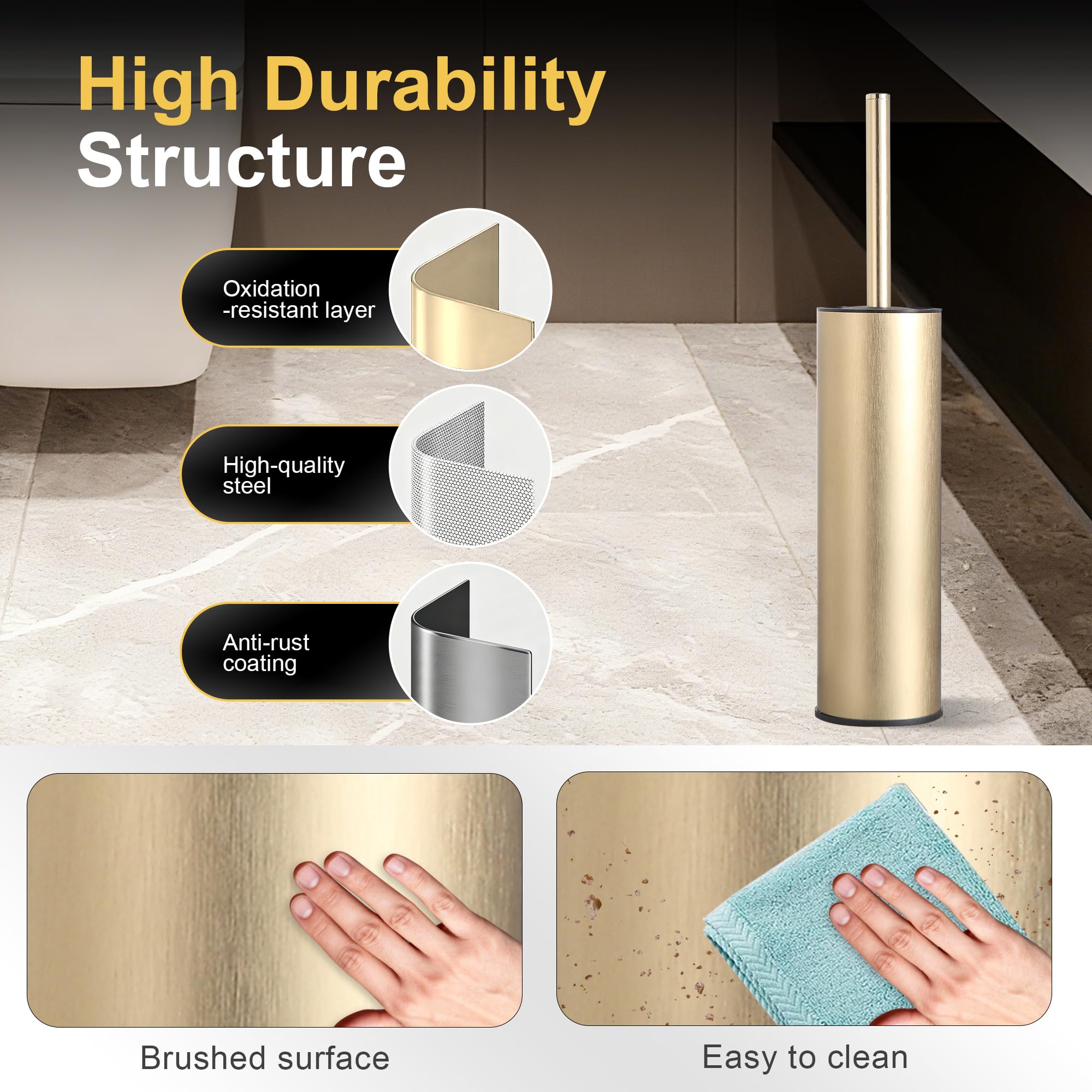 DAZI scopino bagno wc metallico, scopino wc dorato spazzolato con 2 spazzolone bagno per una pulizia profonda del lavandino