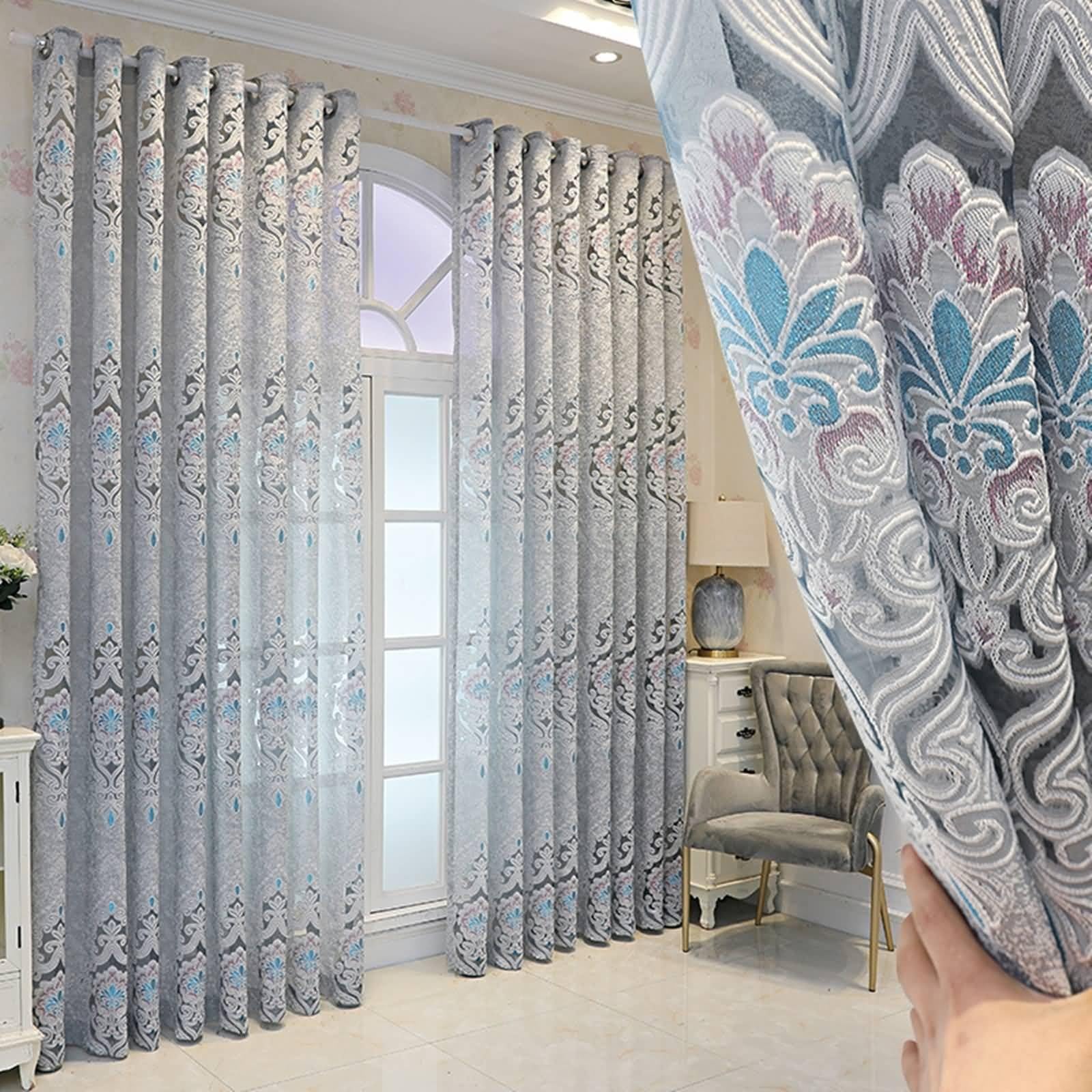 Tende trasparenti da appendere, tende da bagno da donna con motivo floreale ricamato grigio argento set di 2 pannelli in poliestere 137 x 238 cm
