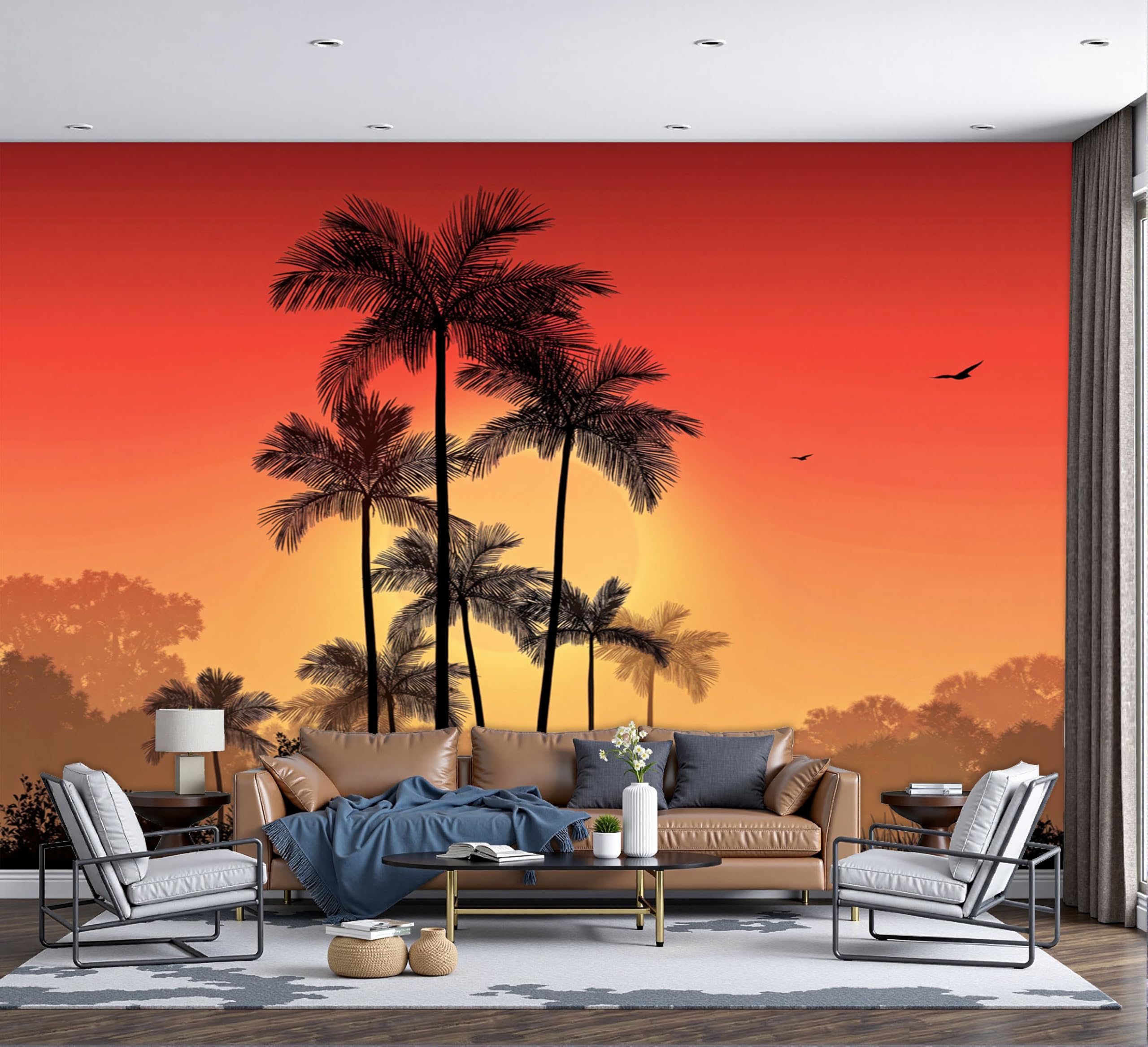 Papier peint panoramique palmiers pour creer une ambiance de coucher du soleil dans le salon