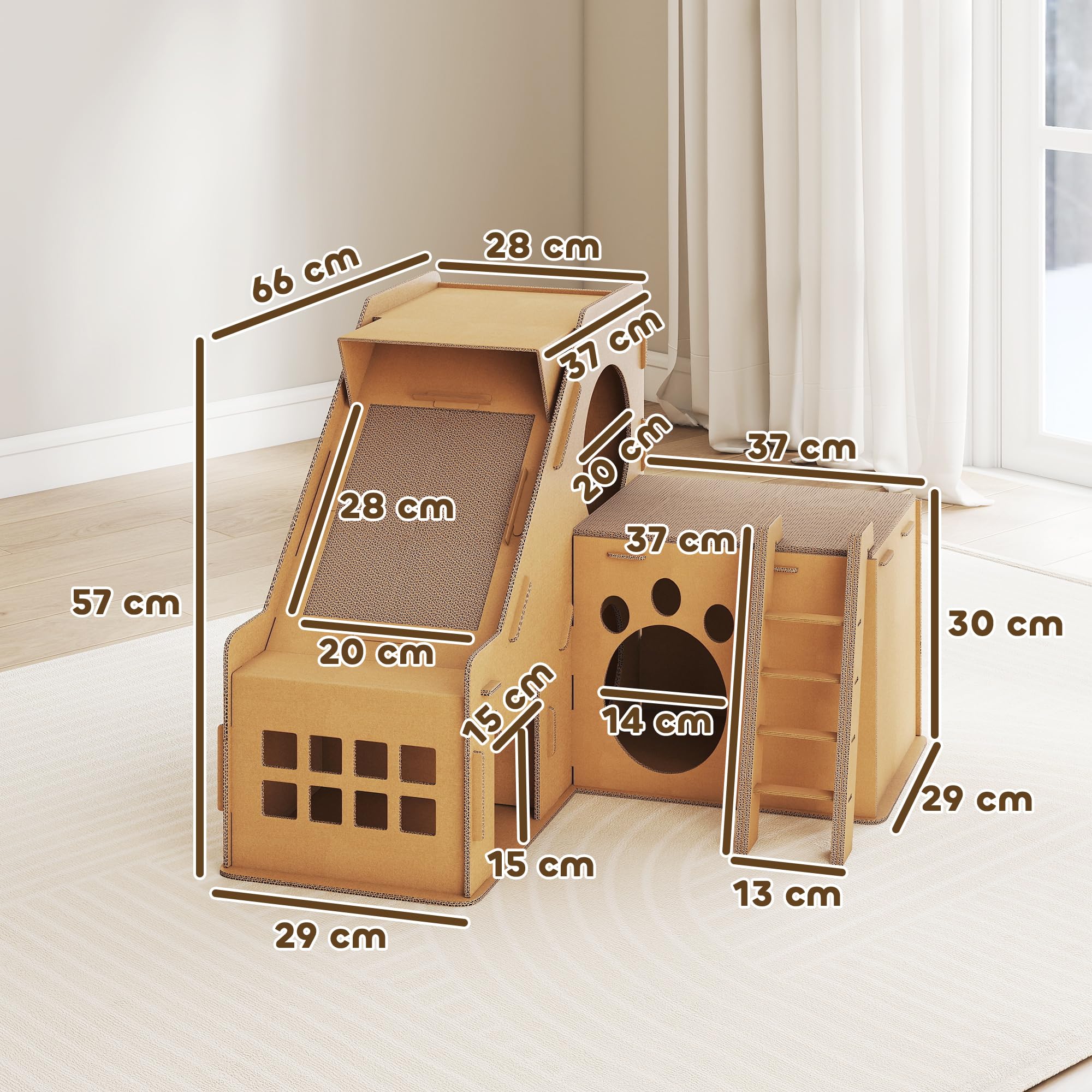 PawHut Gatto in cartone 2 in 1, tiragraffi per gatti con 2 aree di graffiatura, erba gatta, rampa e scaletta, per interni, 67x66x57 cm, marrone