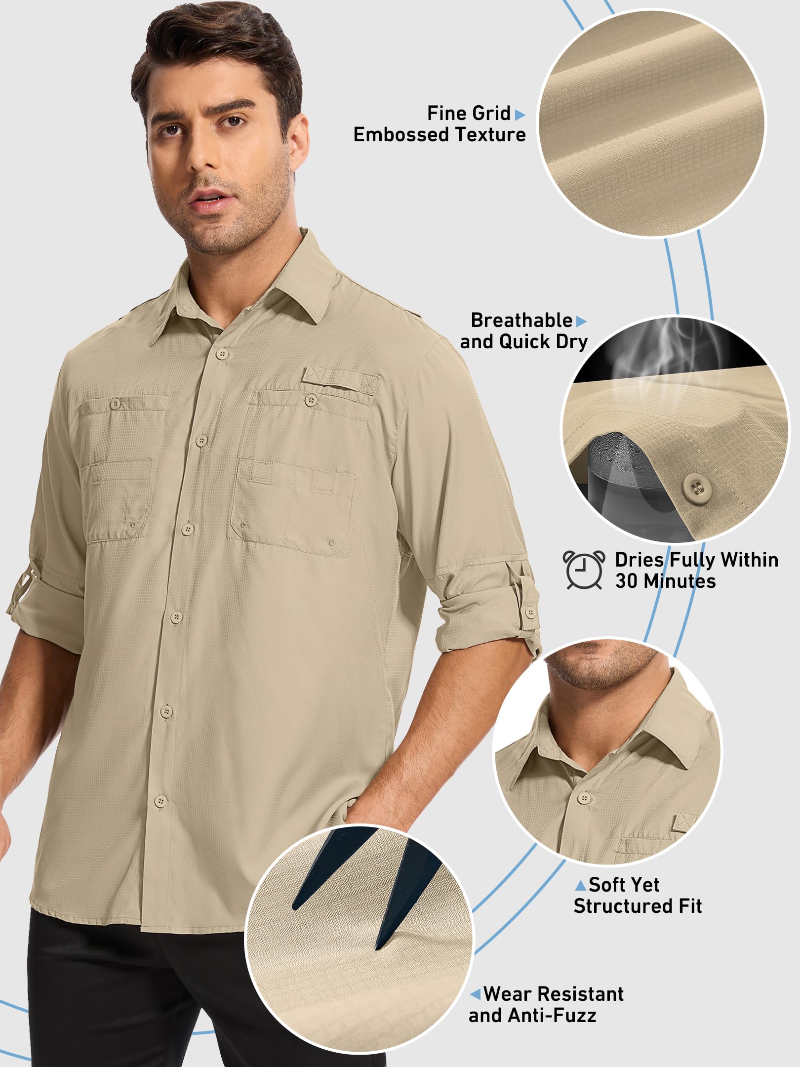 Camisas de Pesca de Manga Larga para Hombre, con protección Solar UPF 50+, Ligeras, de Secado rápido, Estilo Safari, para Acampar, Caqui, Large