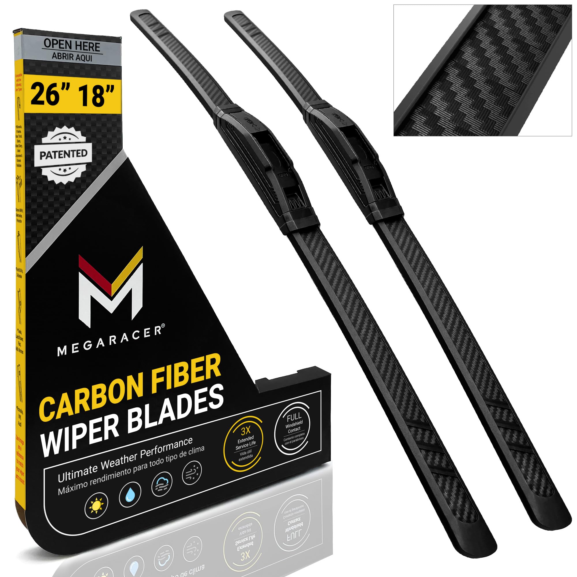 Patented OEM Carbon Fiber Windshield Wipers Blades 26"+18" | Automotive Replacement Windshield Wiper Blades for my Car | Limpiaparabrisas De Carro | Front Windshield Wipers for my Car | 2 Pack