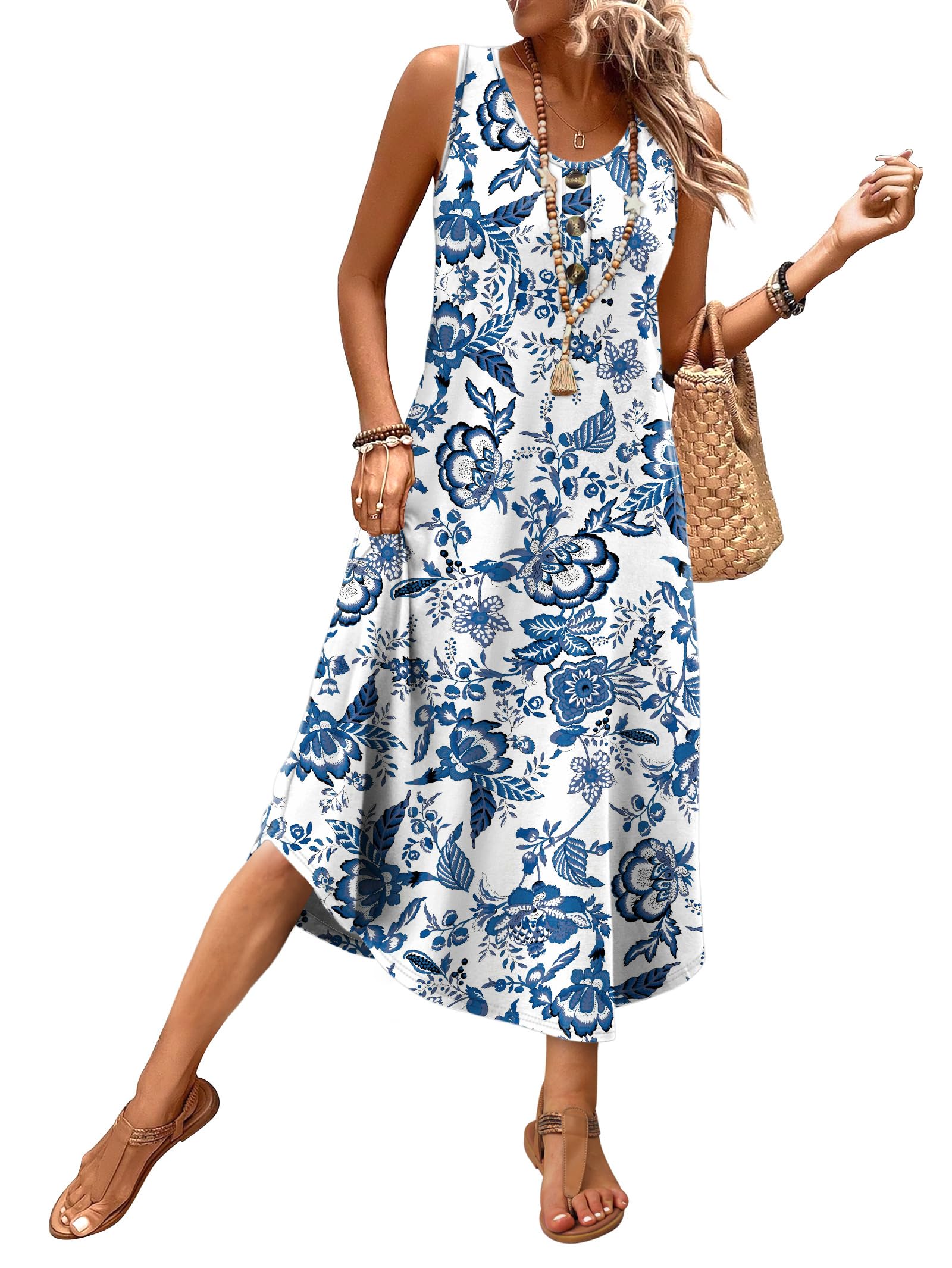 WIHOLL Summer Dresses for Women 2026 Button Front Sleeveless Casual Midi Dress Beach Vacation Sundresses with Pockets