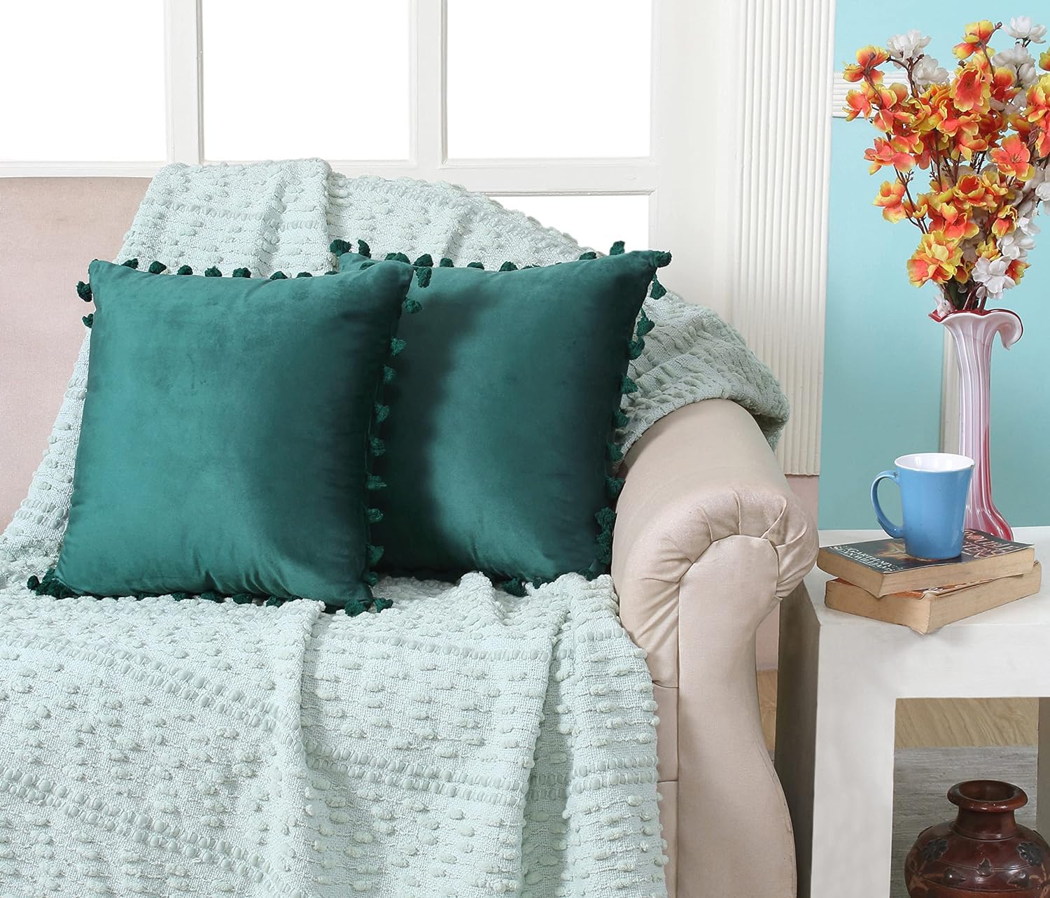 Amazon Brand - Umi Deep Teal 14x14 Inch 2 Pc Decorative Velvet Tassel Fringe Design Throw Pillow Cover 35x35 cm Cushion Cover for Sofa, Living Room, Bed Room or Home Décor