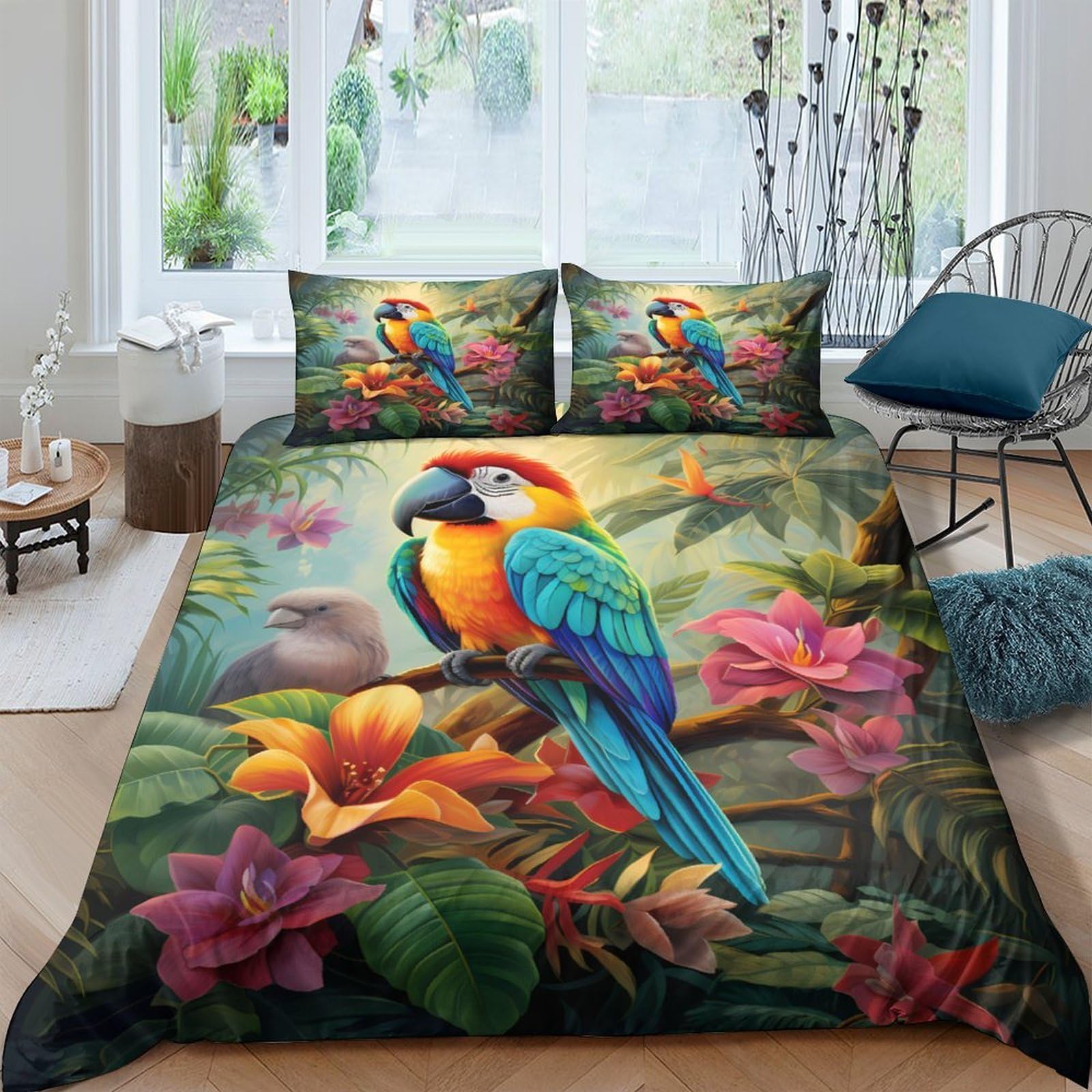 GPLZQXKJNH 3D Printed Tropical Parrot Duvet Cover Microfiber Soft Vibrant Jungle Flower Bedding Set with 2 Pillowcases for Bedroom Decor Single（135x200cm）