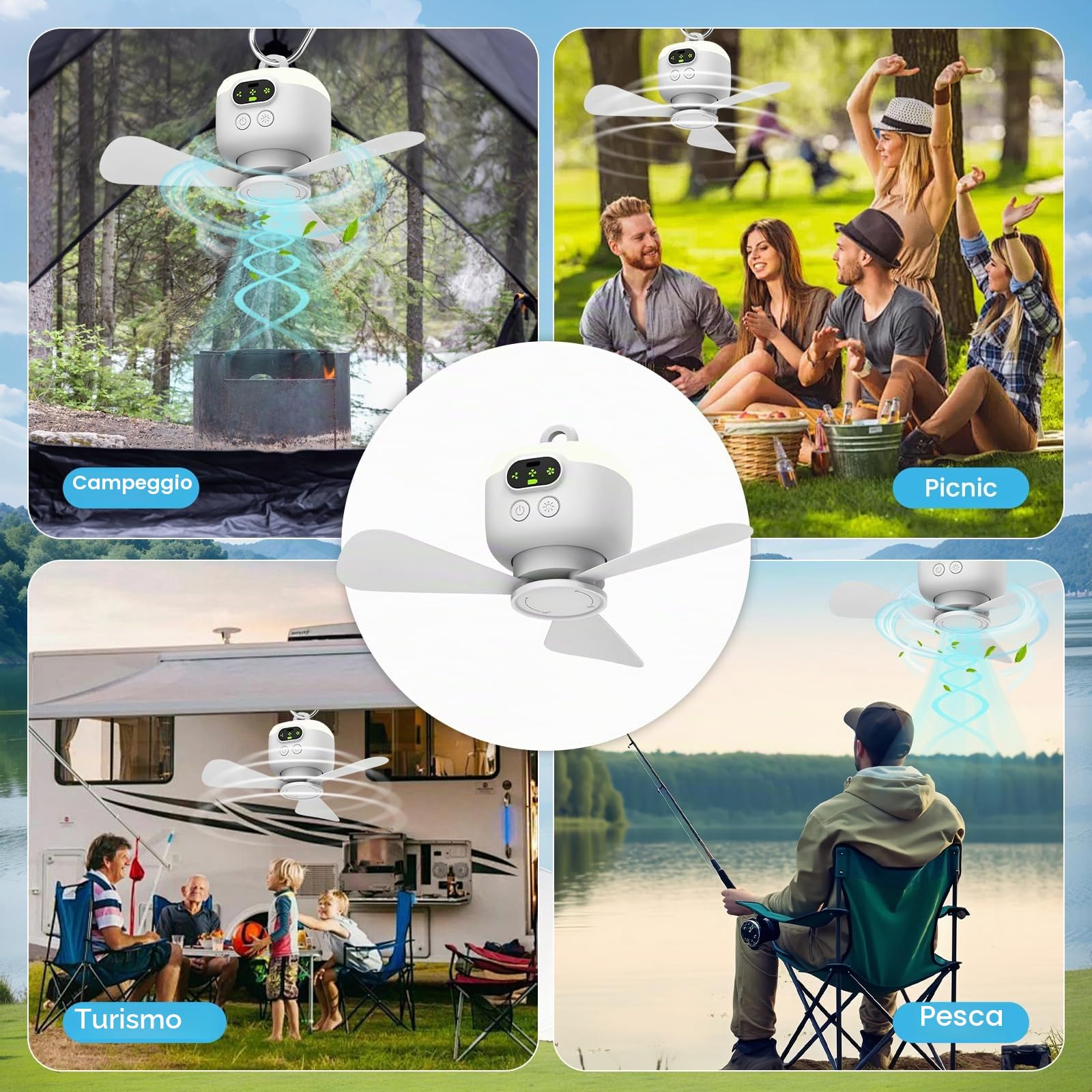 EagerMinds Lampada da campeggio a LED da campeggio, ventilatore da campeggio con luce, ventilatore da campeggio ricaricabile, accessorio da campeggio, 3 marce, ventilatore da tenda con LED per pesca