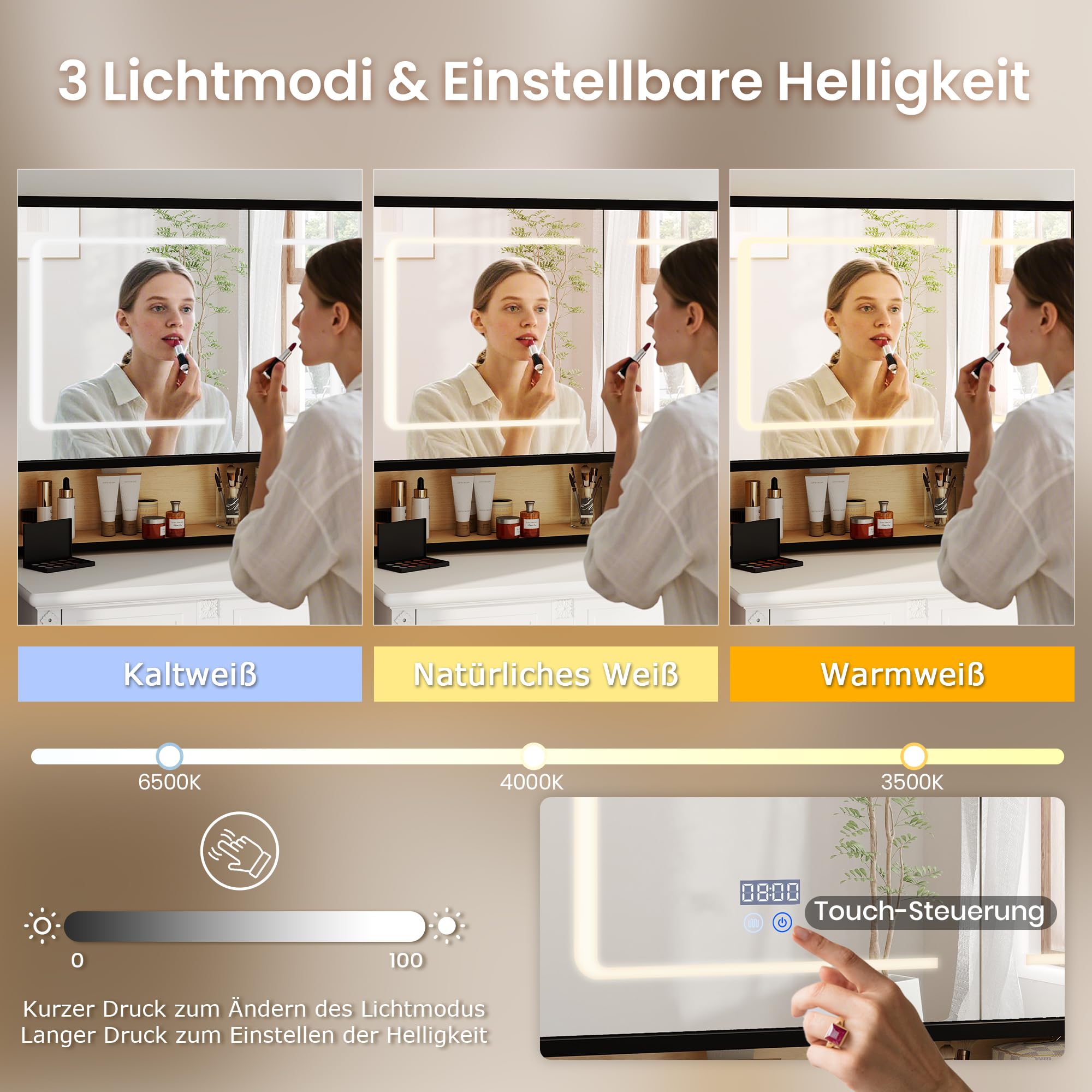 Pamapic Armadietto a specchio bagno con illuminazione, antiappannamento, armadio a parete con visualizzazione dell'ora e della temperatura, mobili per il soggiorno