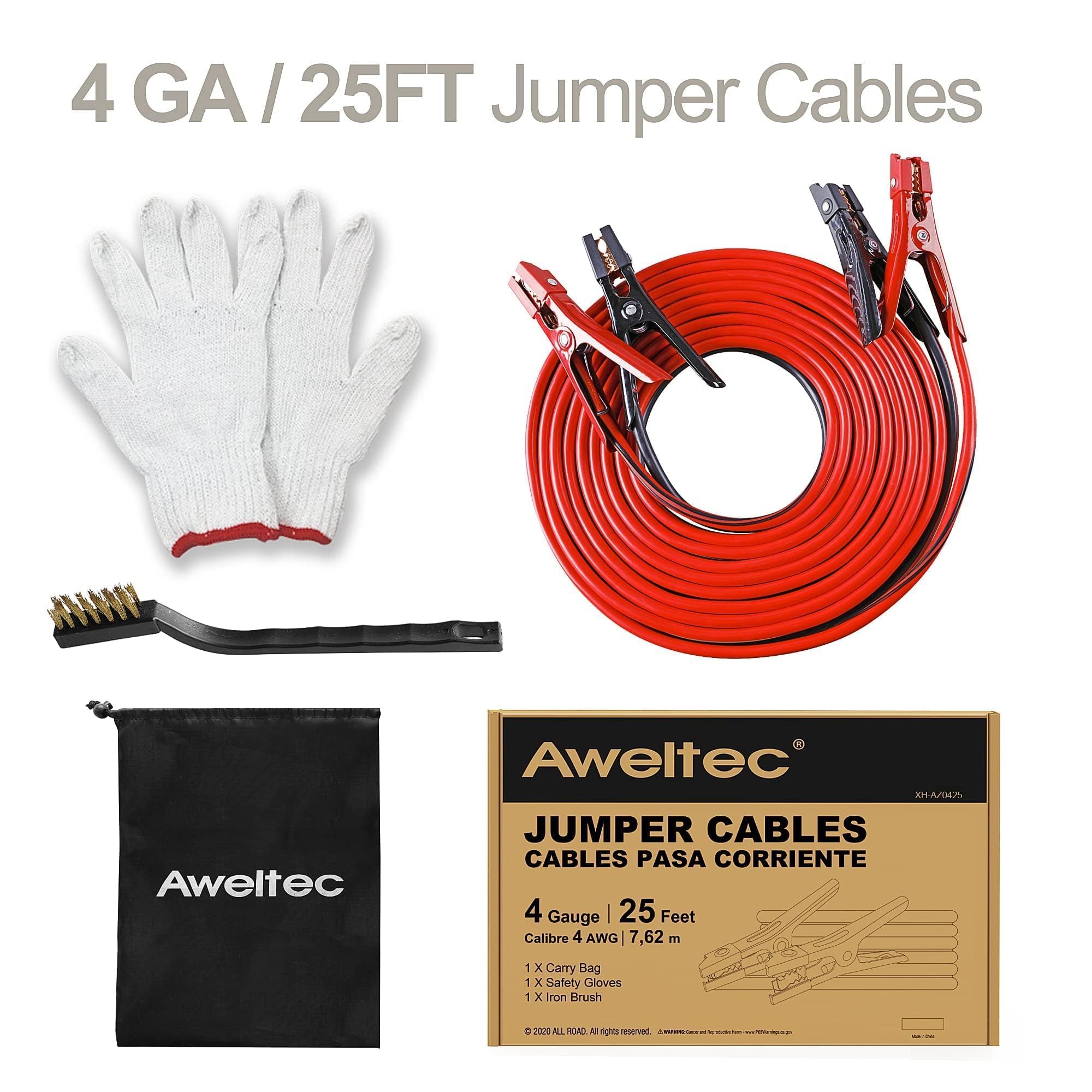 Jumper Cables Cables de Arranque de batería de Calibre 4 de 25 pies para Coche de -40.0 °C a 60.0 °C, Cables de Refuerzo Resistentes con Bolsa de Transporte, Guantes de Seguridad y Cepillo de