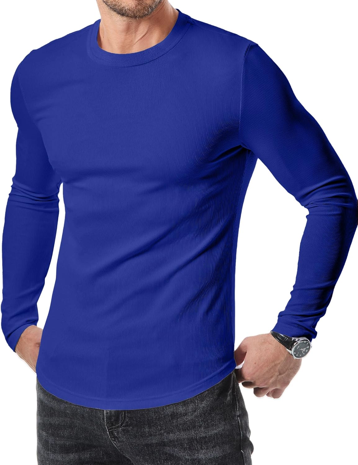 JMIERR Mens Fall Crewneck Shirt Long Sleeve Anti-Wrinkle Casual Muscle T Shirts Longline Ribbed Shirts