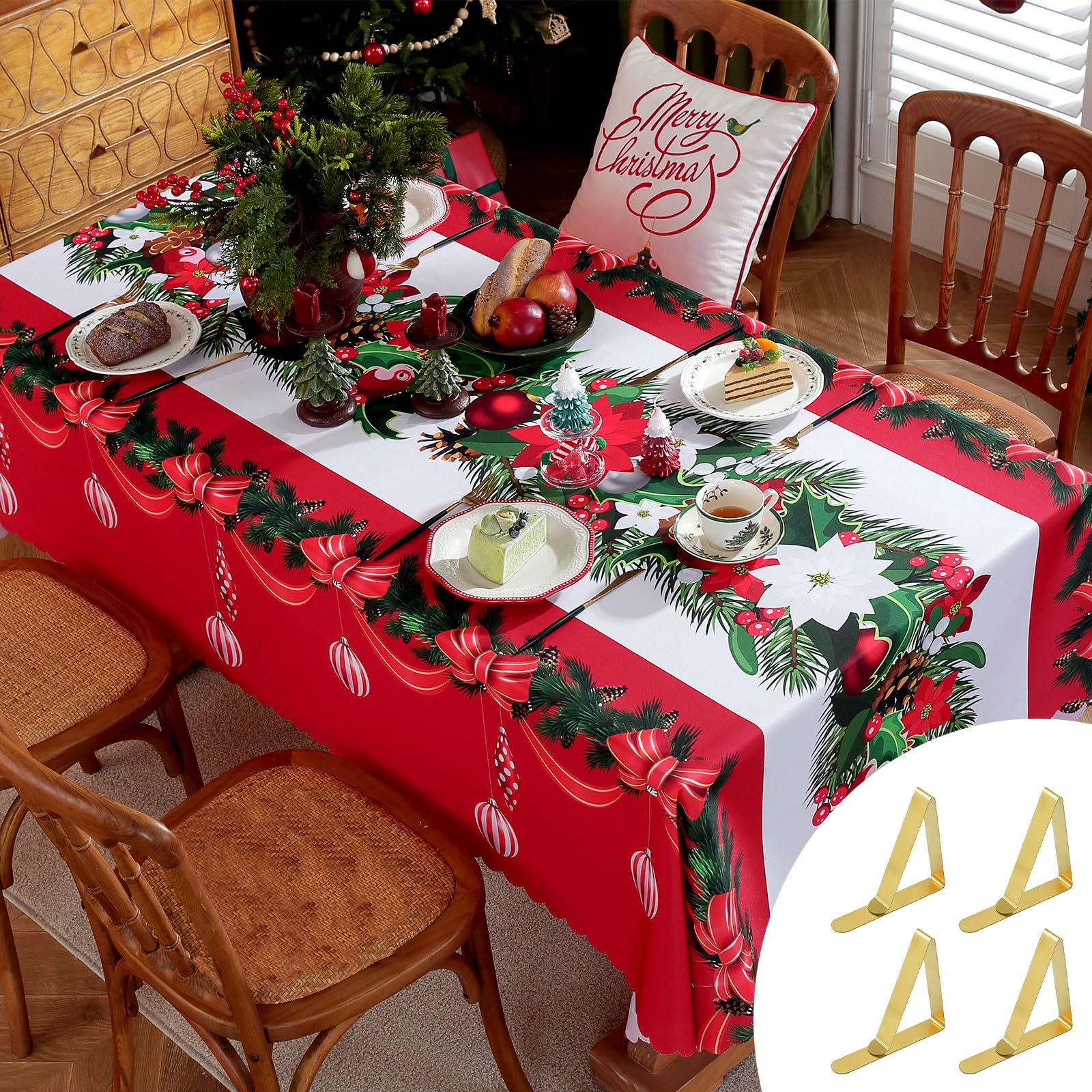 PRZRAO Mantel de Navidad, decoración de invierno blanco de la mesa de la cocina, mantel de Navidad 150 x 220 cm + 4 clips de mantel, mantel al aire libre lavable (Rojo)
