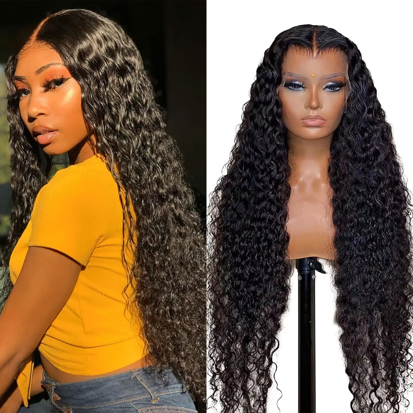 Photo 1 of Hrnytdek 13x4 Glueless Frontal Wigs Deep Wave Lace Front Wigs Human Hair Pre Plucked Brazilian Virgin Hair Bleached Knots 180% Density for Women 26 Inch