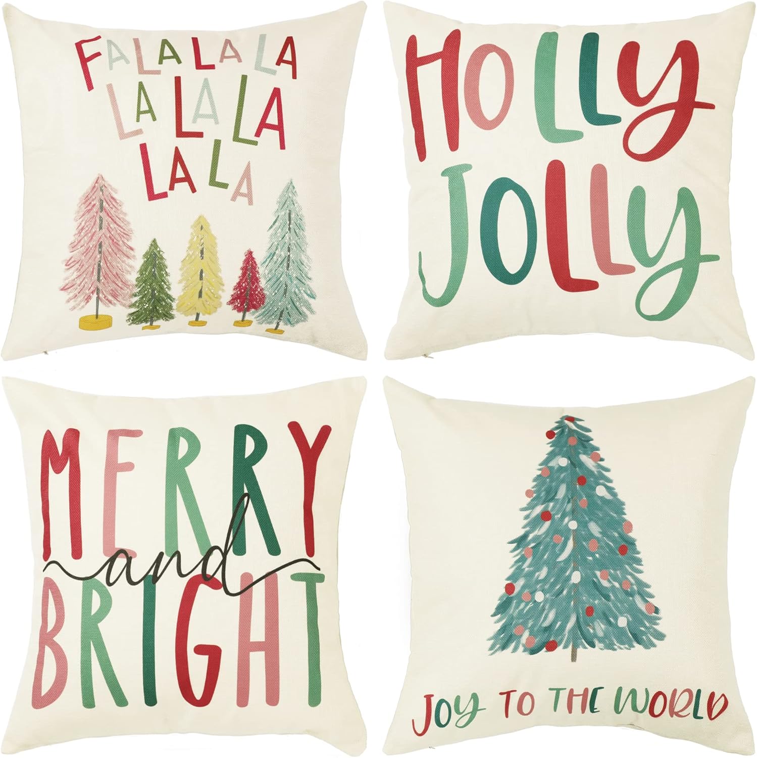 Merry Bright Christmas Pillow Covers Colorful Holiday Holly Jolly Set of 4 Winter Decorative Throw Pillow Covers Cushion Case for Home Sofa Bed Chair (20" L x 20" W) 20" x 20" (Pack of 4)