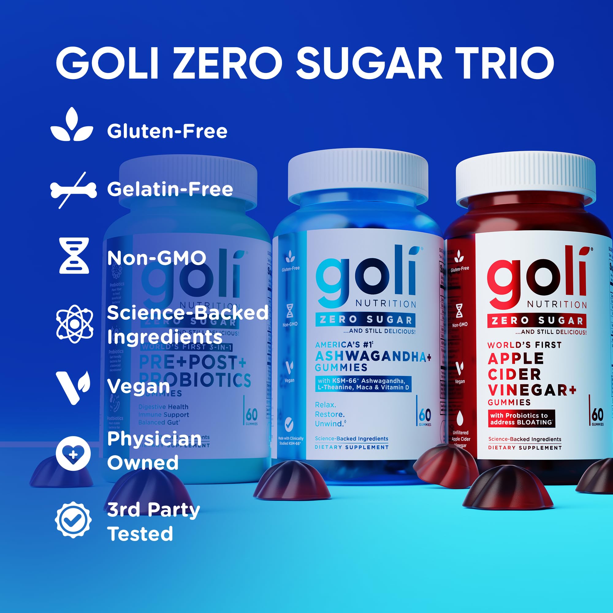 Goli Zero Sugar Trio- World's First 3-in-1 Pre, Post, Probiotic, Apple Cider Vinegar with Vitamin B12 and Probiotics, Ashwagandha & L-Theanine, Vitamin D gummies. Vegan, Gelatin & Gluten-Free, Non-GMO