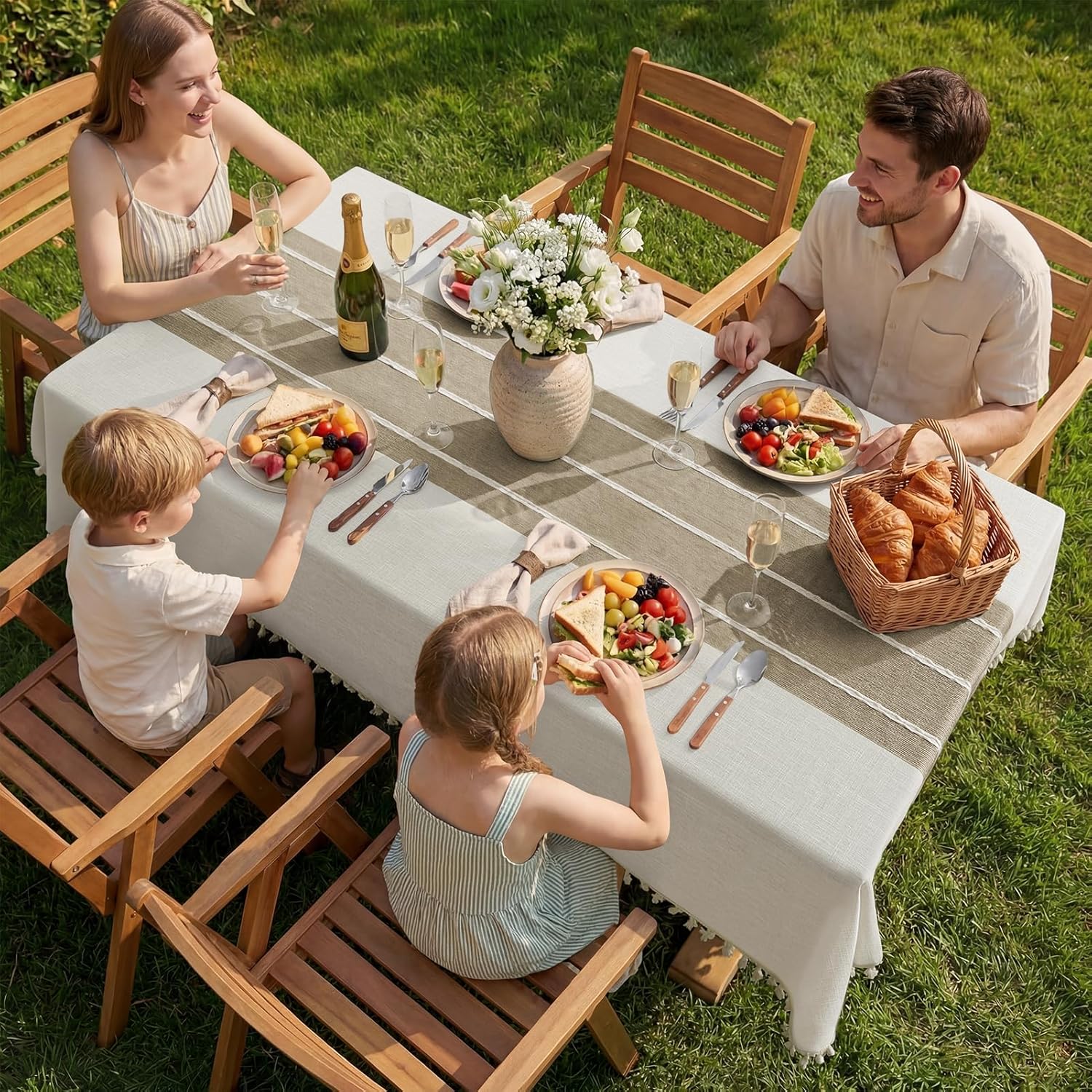 Softalker Outdoor Tablecloth Rectangle, Waterproof Linen Cotton Farmhouse Table Cloths with Tassel, Heavy Weight Wrinkle Free Boho Table Cover for Picnic Camping Dining - 55 x 102 Inch, Coffee Lines