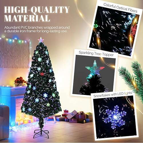 Miniatura 3 de VINGLI Árbol de Navidad artificial de fibra óptica preiluminado de 6 pies con luces LED multicolor, copos de nieve y estrella superior, árbol de